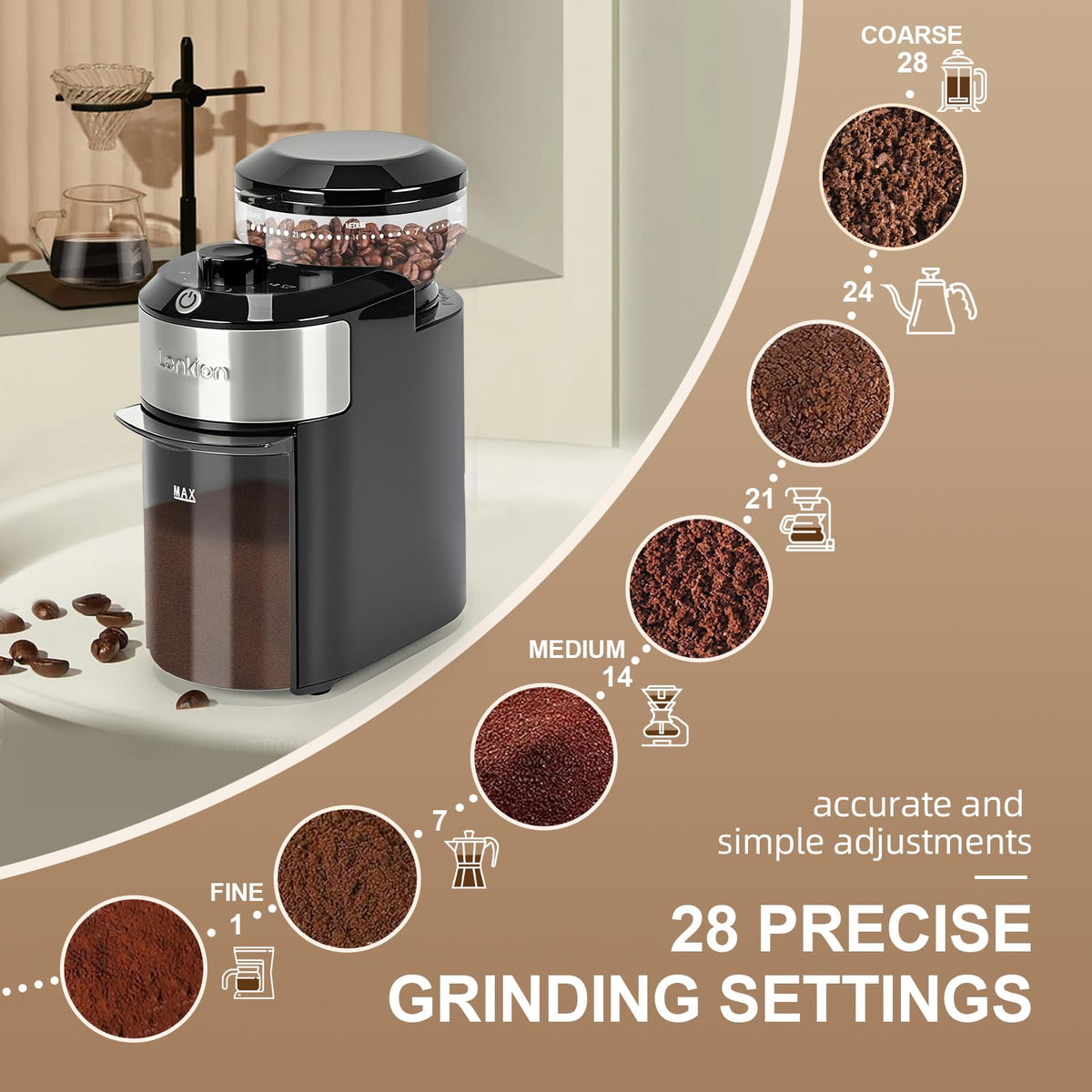 Electric Burr Coffee Grinder with 28 Adjustable Grind Settings F9632