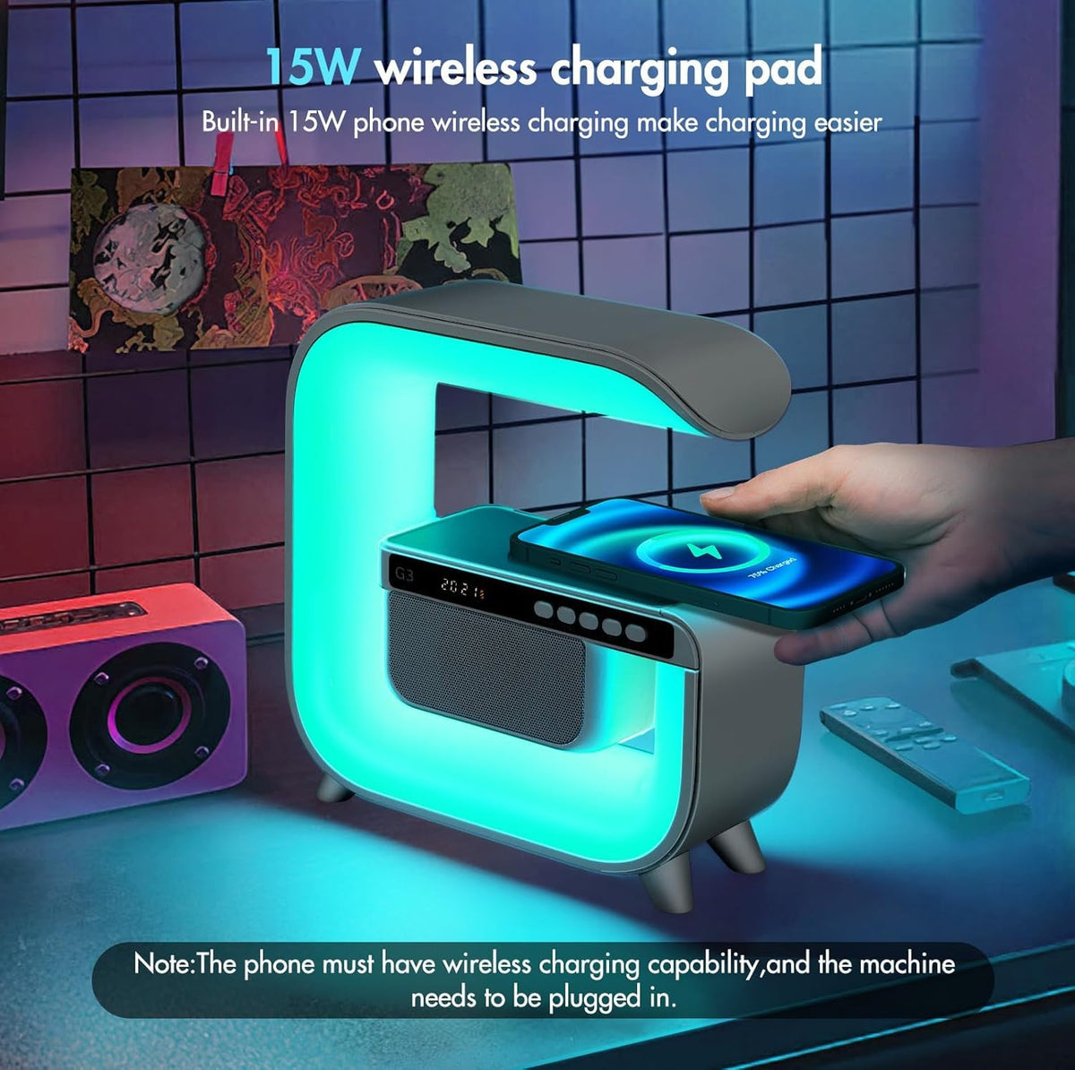 Table Lamp with Bluetooth Speaker, Wireless Charger, Alarm Clock P6903