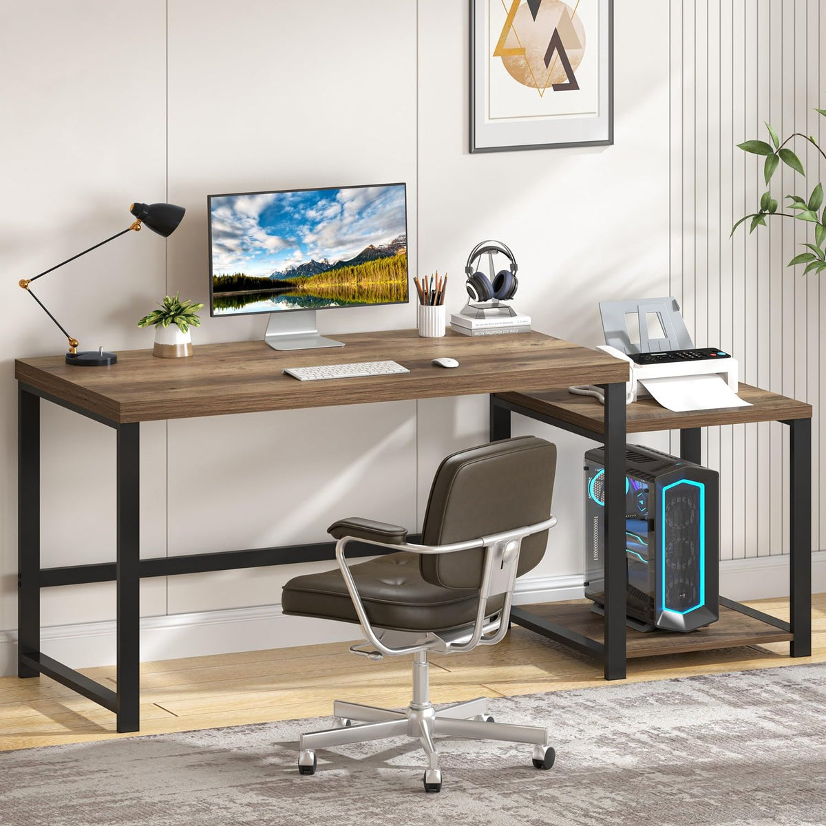 63 Inch Wood Computer Desk with Storage Shelves R974