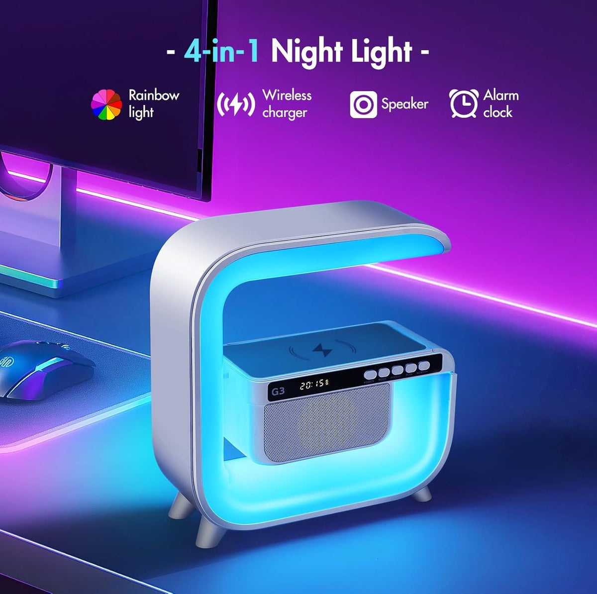 Table Lamp with Bluetooth Speaker, Wireless Charger, Alarm Clock P6903