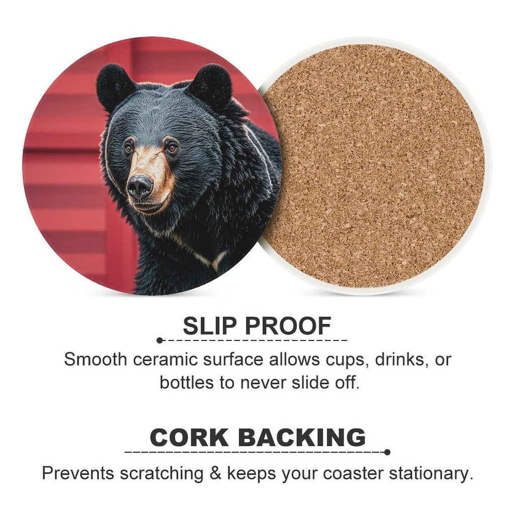 Ceramic Coaster Set of 6 Black Bear Red and Black Plaid Round Coasters Y2792