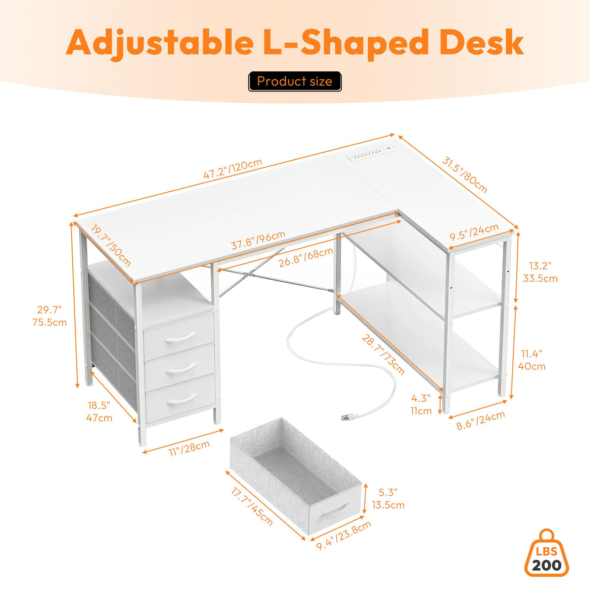 White 47 Inch L Shaped Gaming Desk with 3 Drawers and Shelves P7884