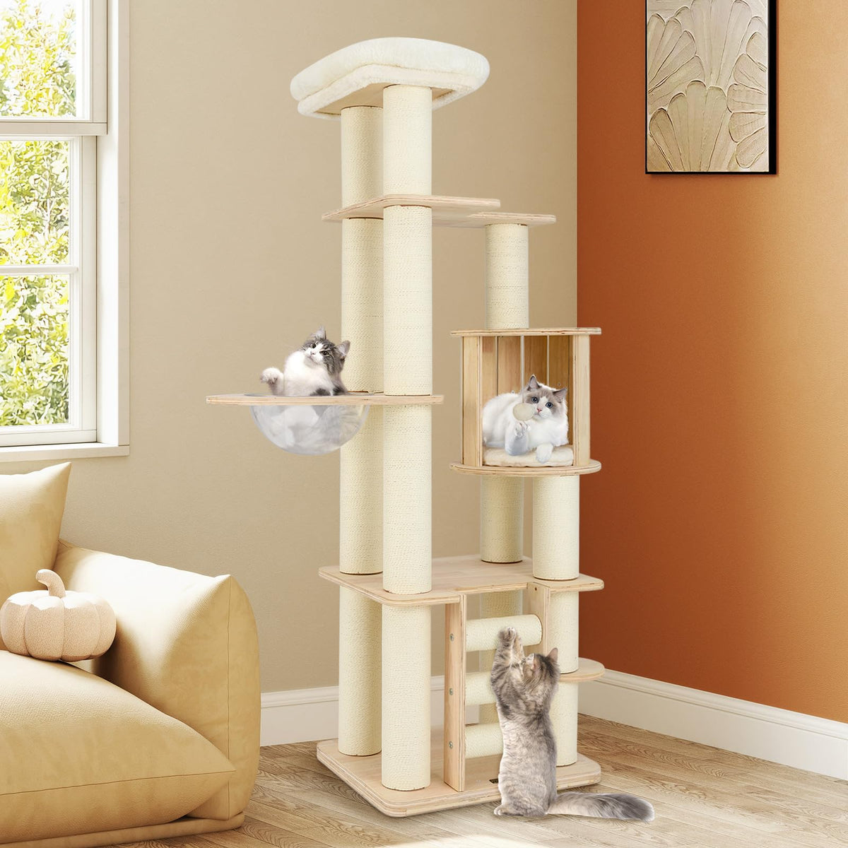 71” Tall Multi-Layer Wood Cat Tree with Scratching Posts X823678