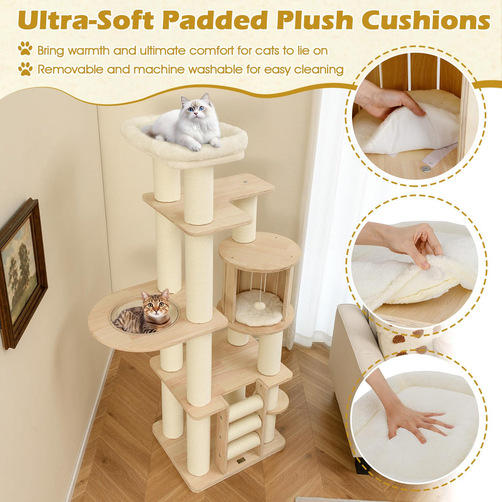 71” Tall Multi-Layer Wood Cat Tree with Scratching Posts X823678