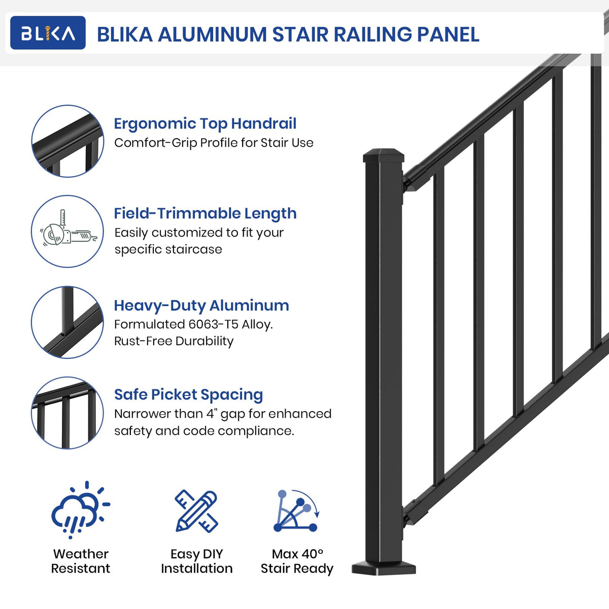 Aluminum Stair Railing Kit with Post, Matte Black T7470