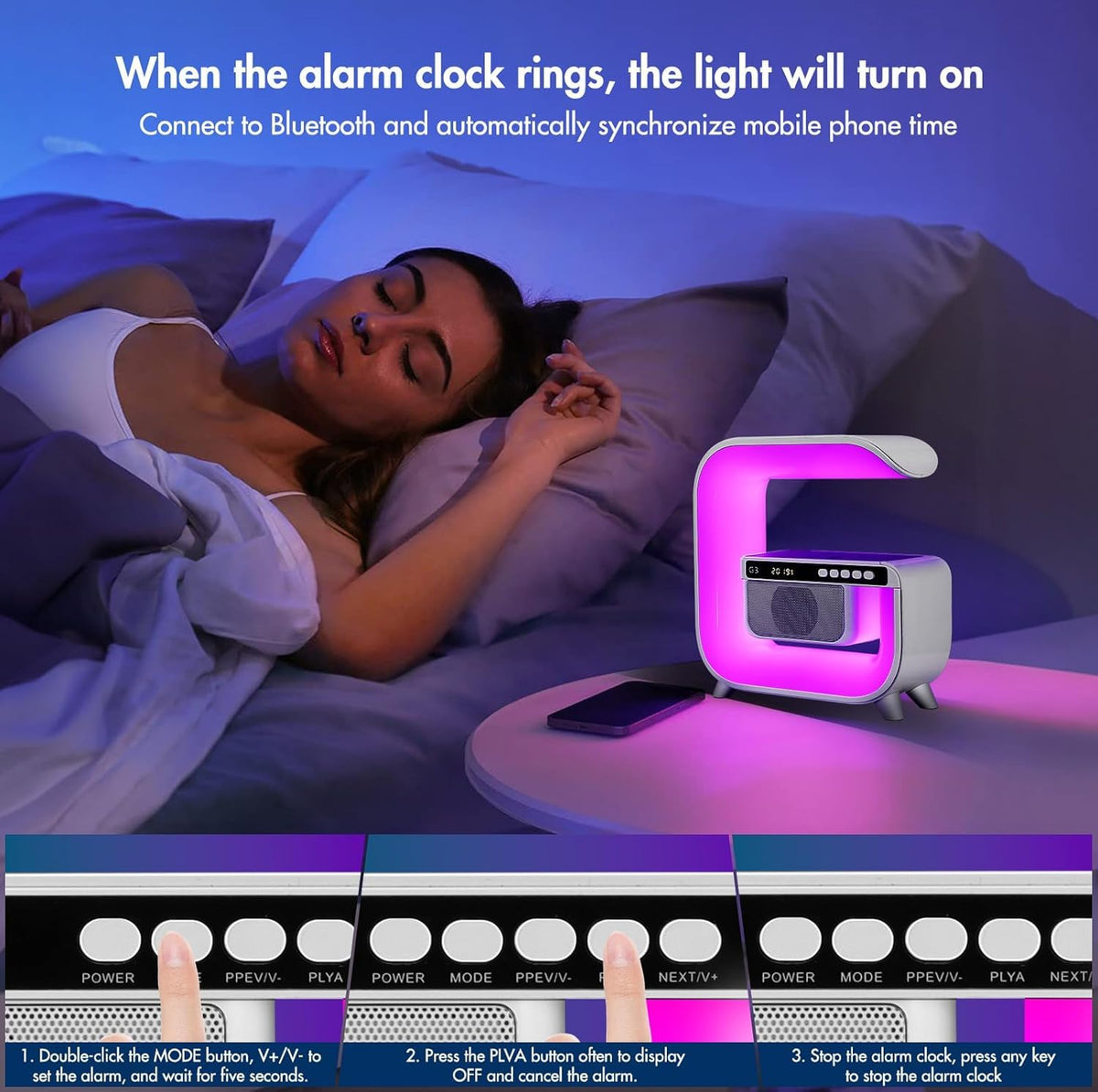 Table Lamp with Bluetooth Speaker, Wireless Charger, Alarm Clock P6903