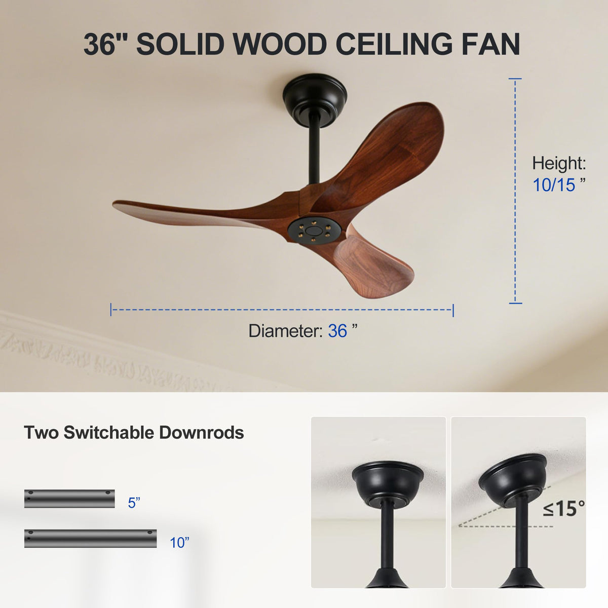 Solid Wood 3 Blade Ceiling Fan with Remote Wall Control K1661