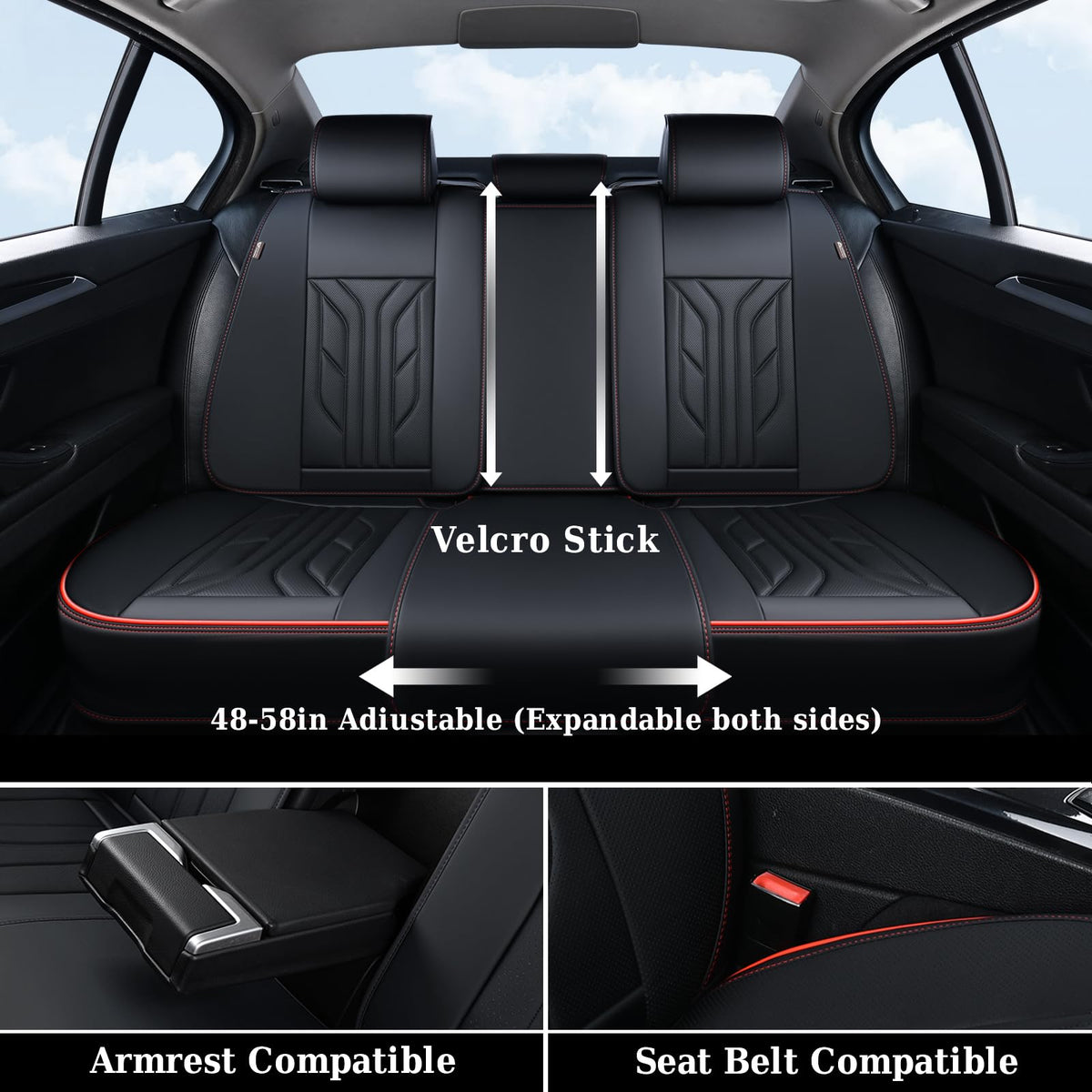 Black & Red Leather Car Seat Covers Full Set O514412