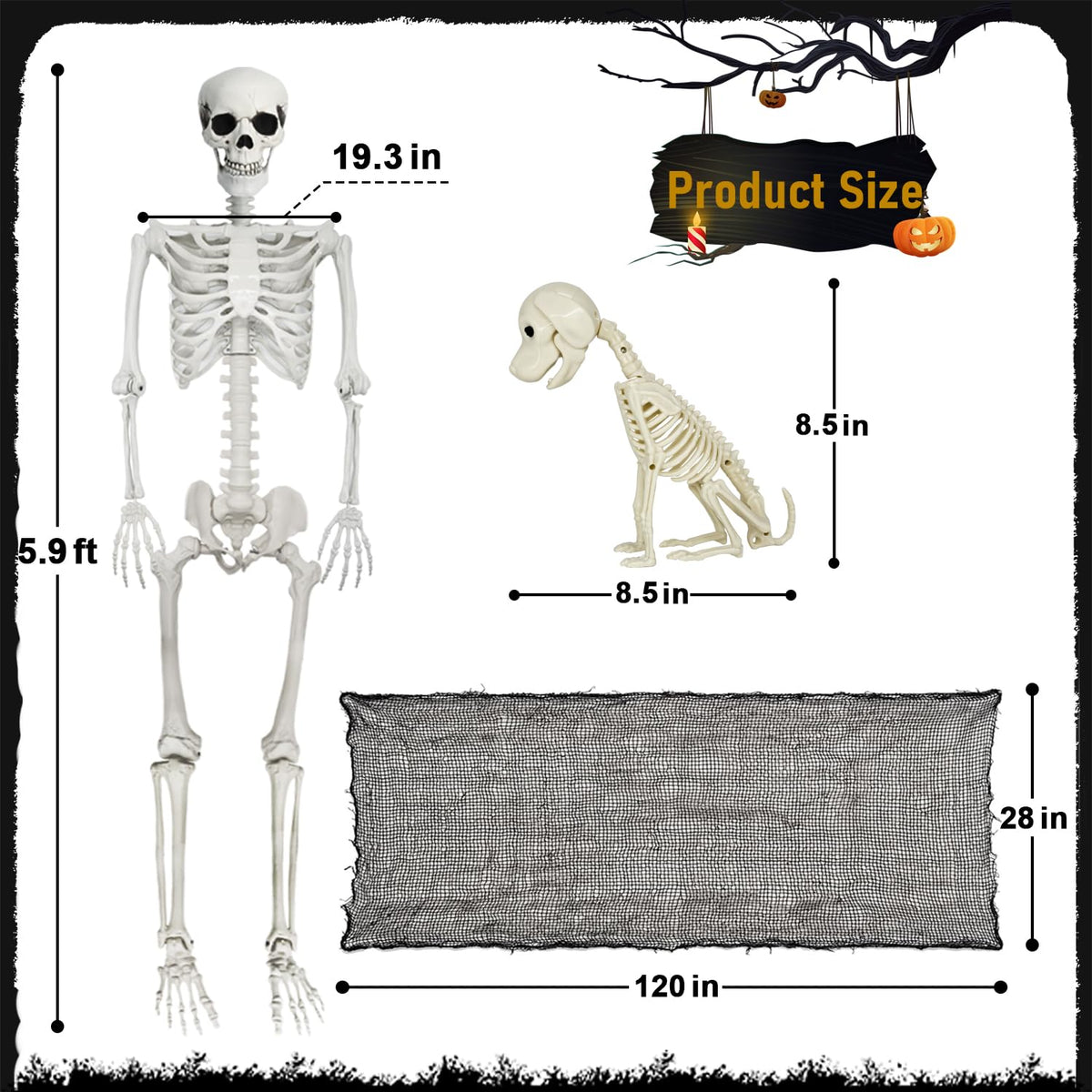 Life Size Posable Skeleton with Dog & Creepy Cloth S3507
