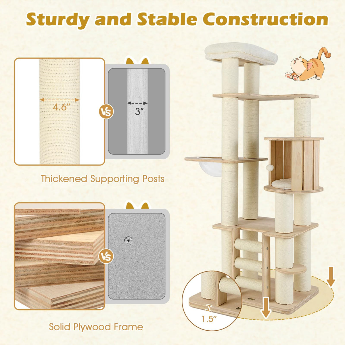 71” Tall Multi-Layer Wood Cat Tree with Scratching Posts X823678