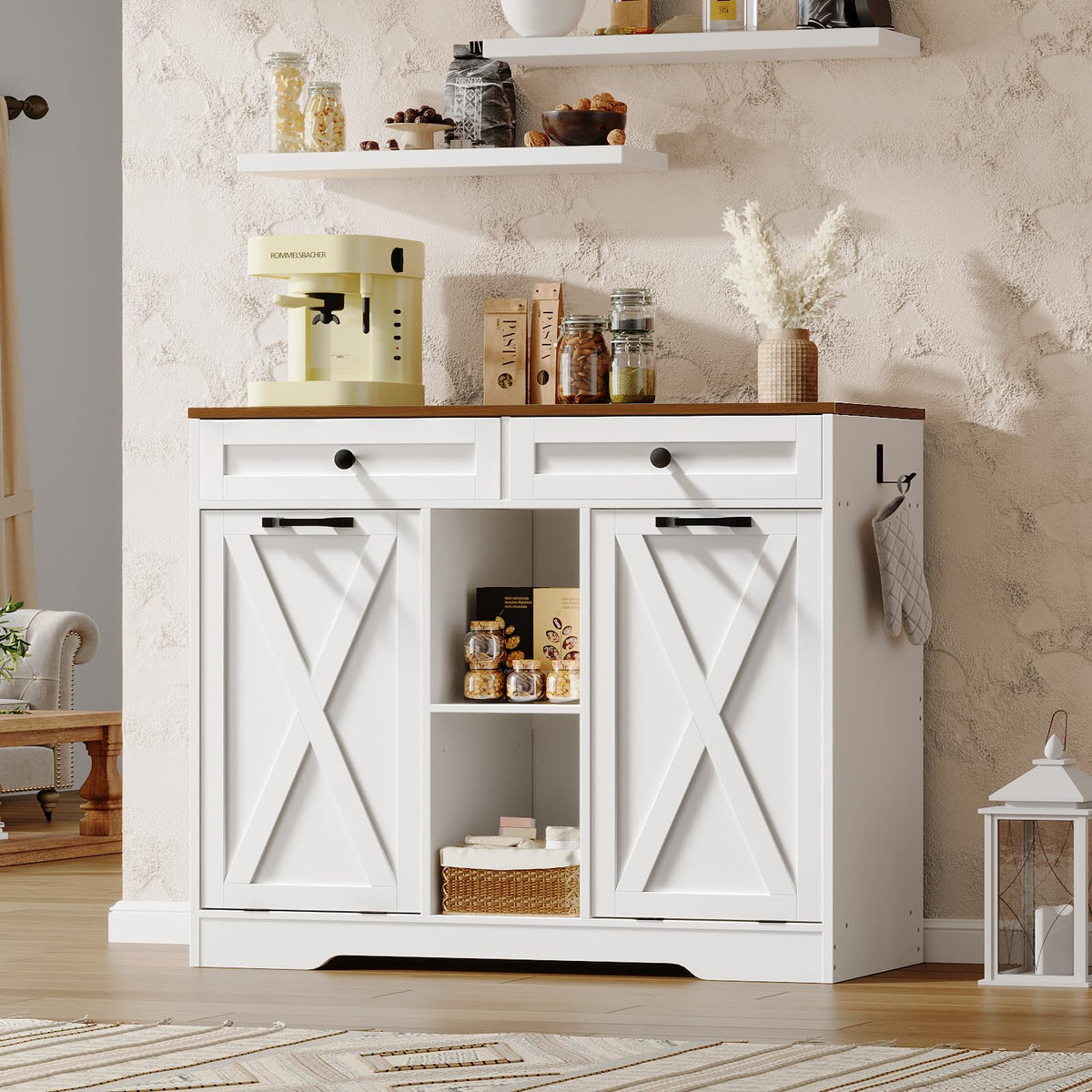 White and Walnut 23 Gallon Laundry Hamper Cabinet with 2 Drawers A337