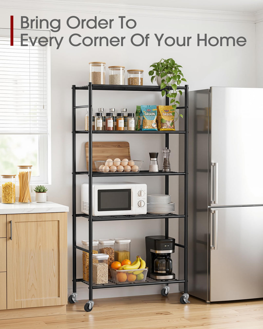 5-Tier Storage Shelves Black with Wheels X46919