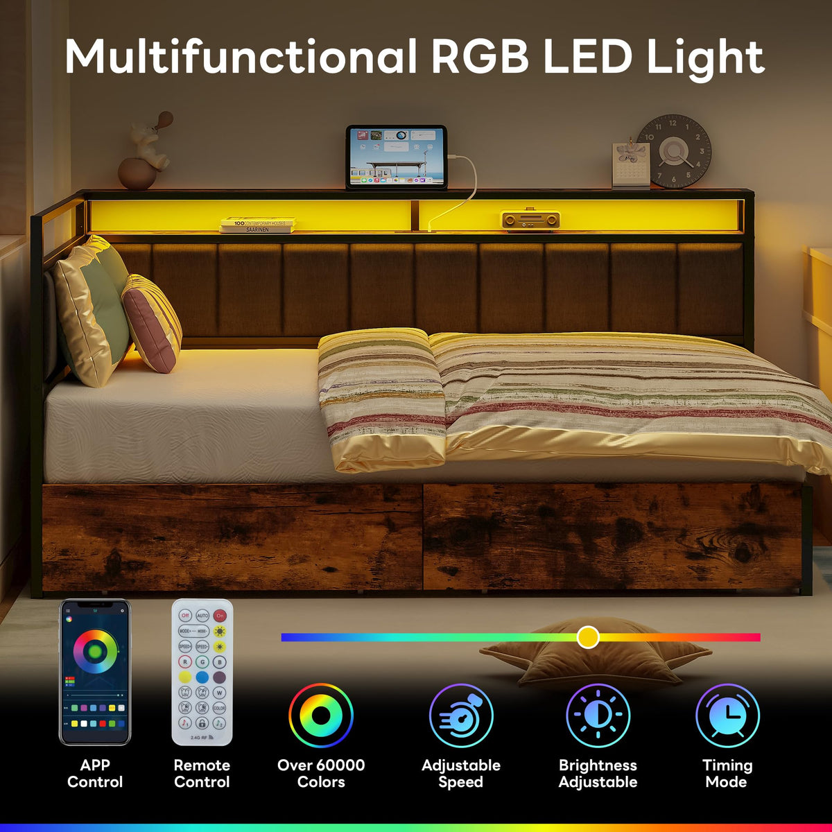 Full Corner Bed Frame with Storage Drawers, LED, Charging, Black L318010