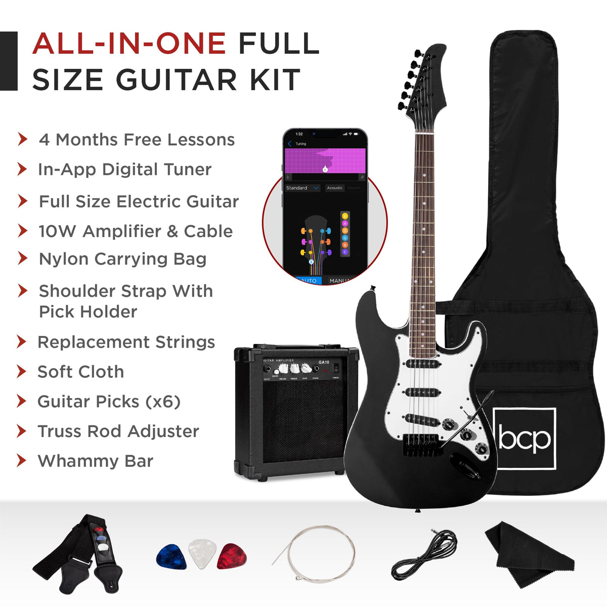 39in Full Size Beginner Electric Guitar Starter Kit with Case, Amp, Strings, Pick - Jet Black L913913