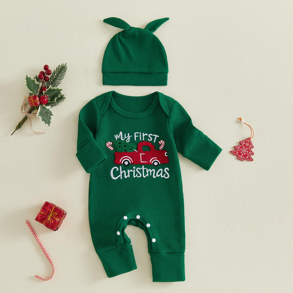 Christmas Baby Boy Waffle Romper Jumpsuit Hat S13944