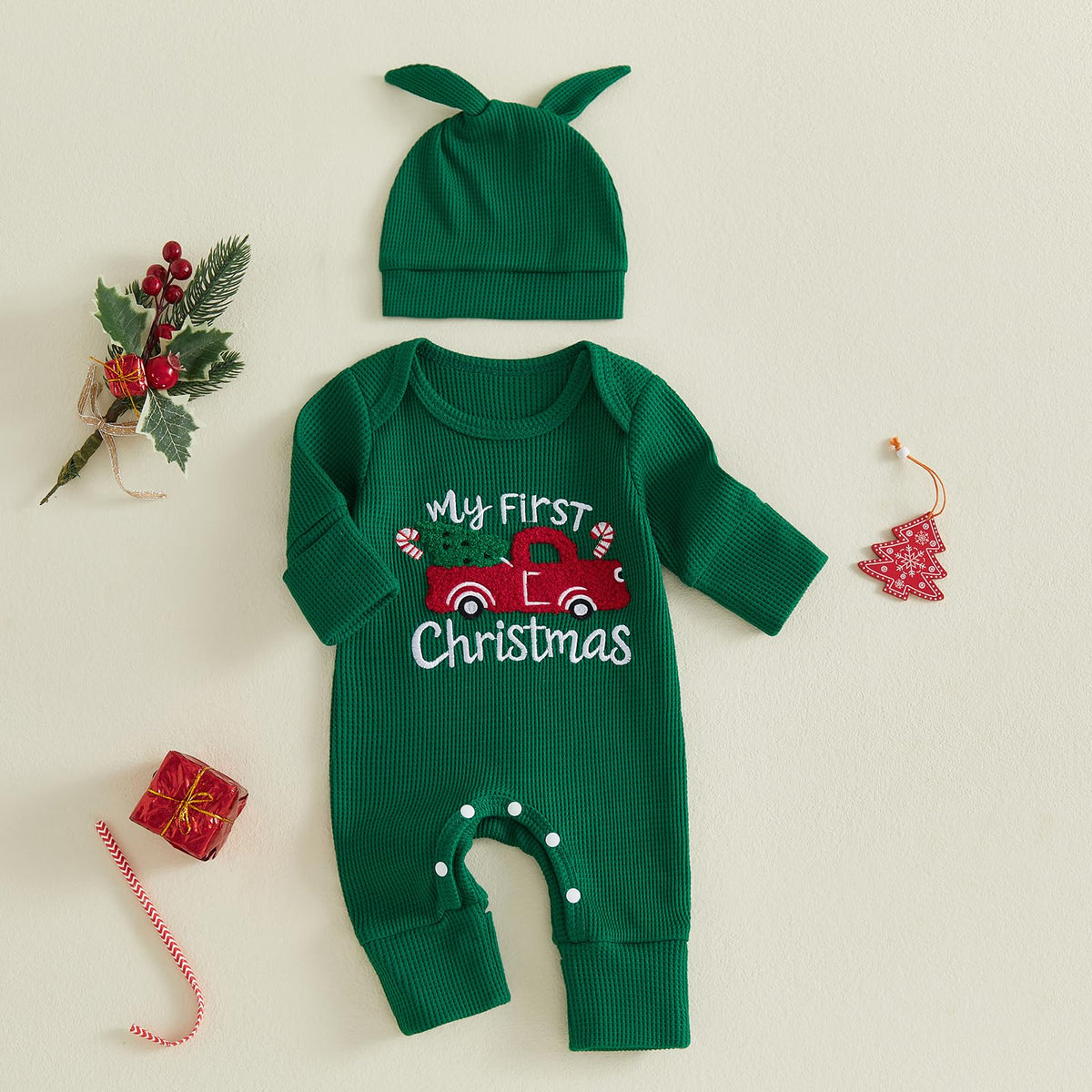 Christmas Baby Boy Waffle Romper Jumpsuit Hat S13944