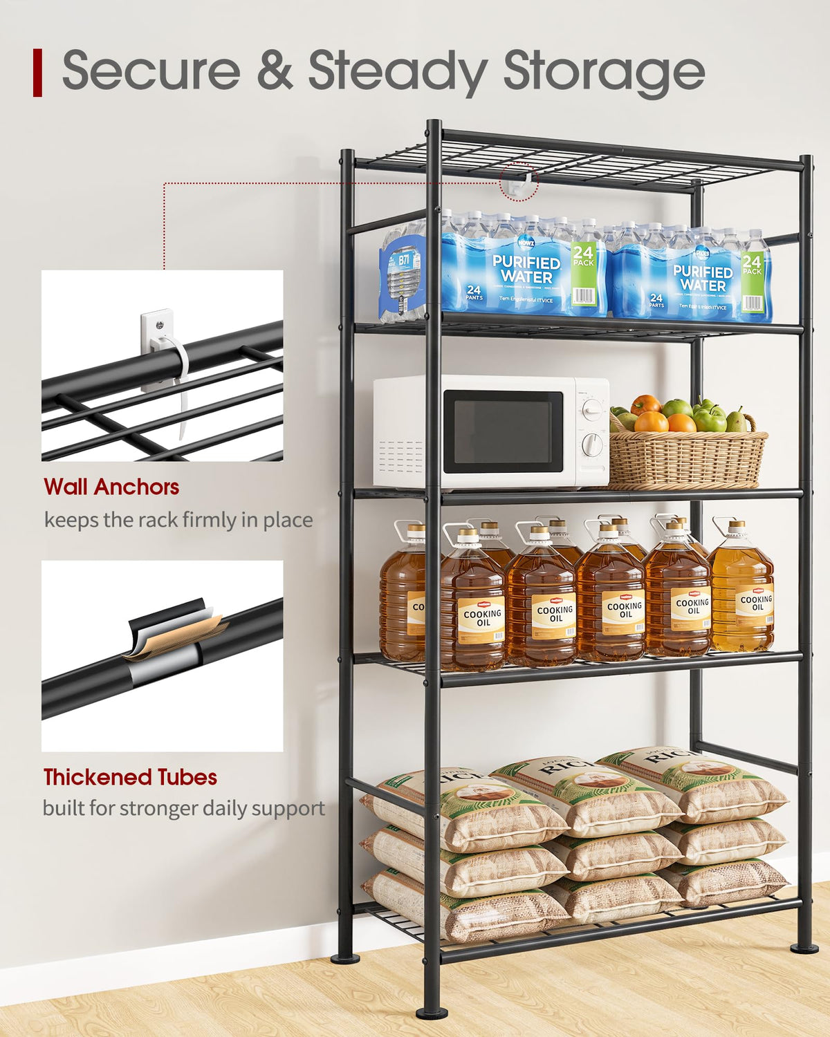 5-Tier Storage Shelves Black with Wheels X46919