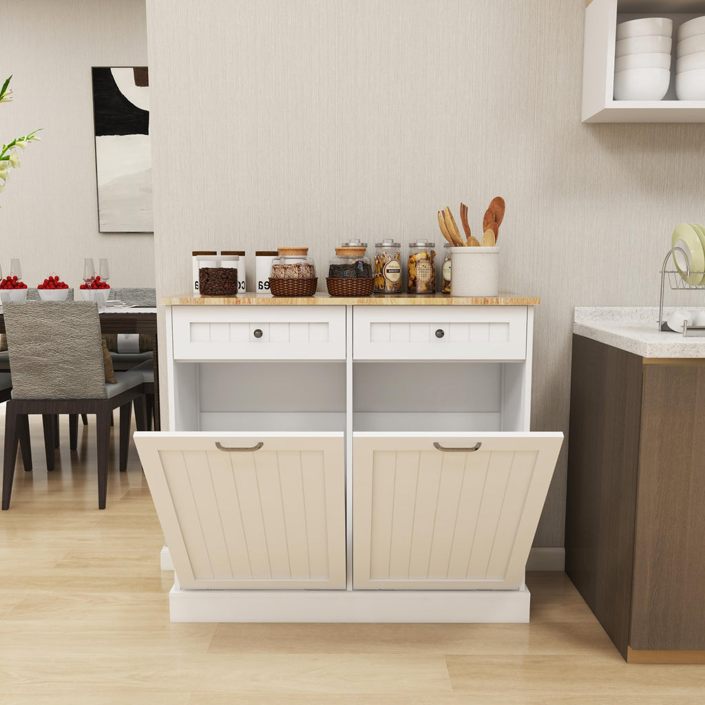 White 20 Gallon Wooden Tilt Out Trash and Recycling Cabinet T192