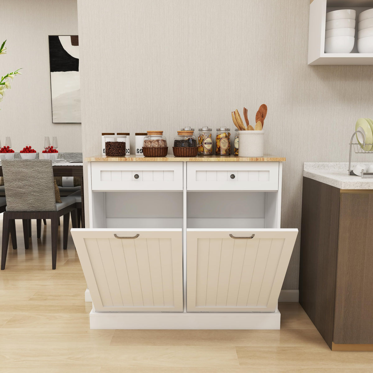White 20 Gallon Wooden Tilt Out Trash and Recycling Cabinet T192