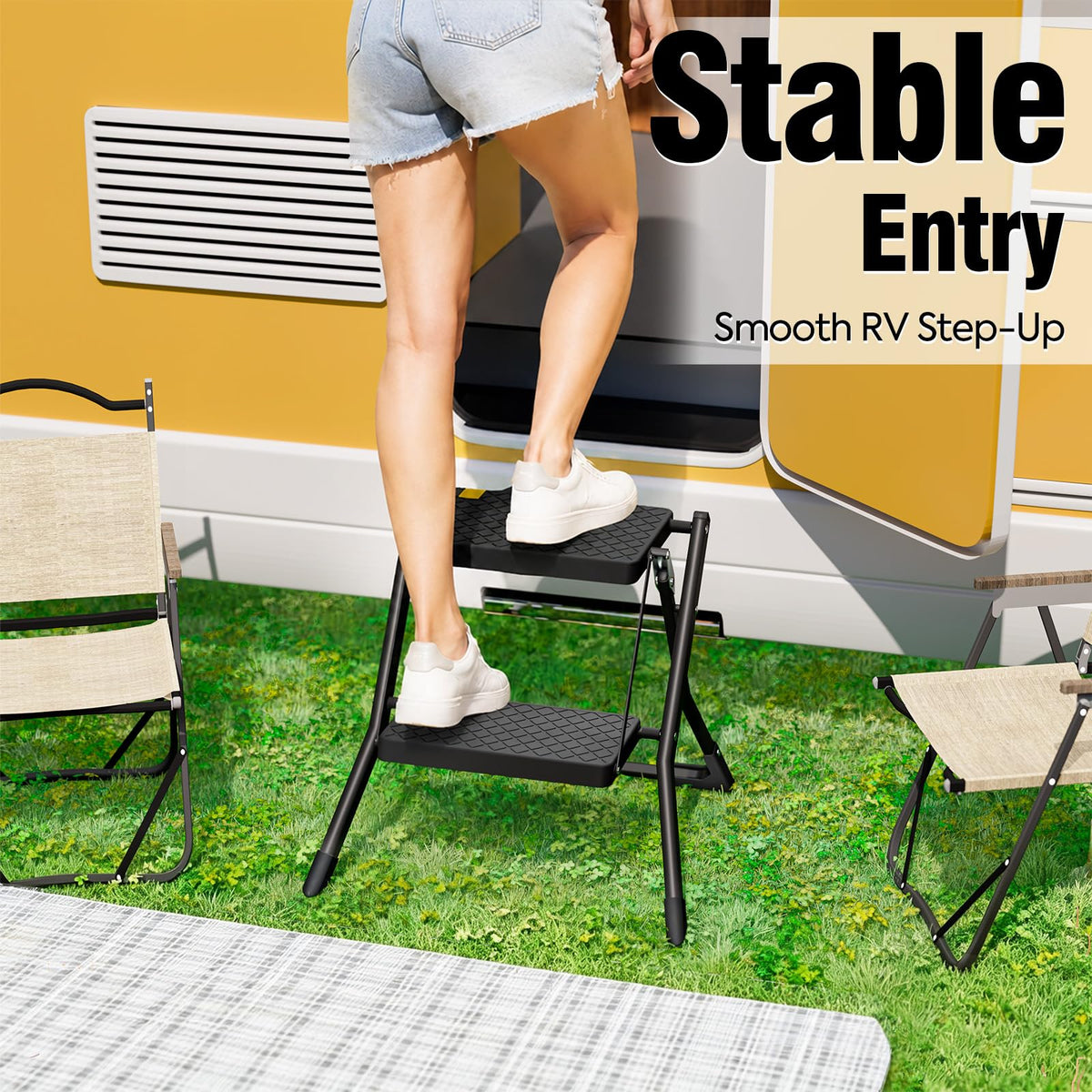 2 Step Folding Stool Ladder 330lb Cap Black V586