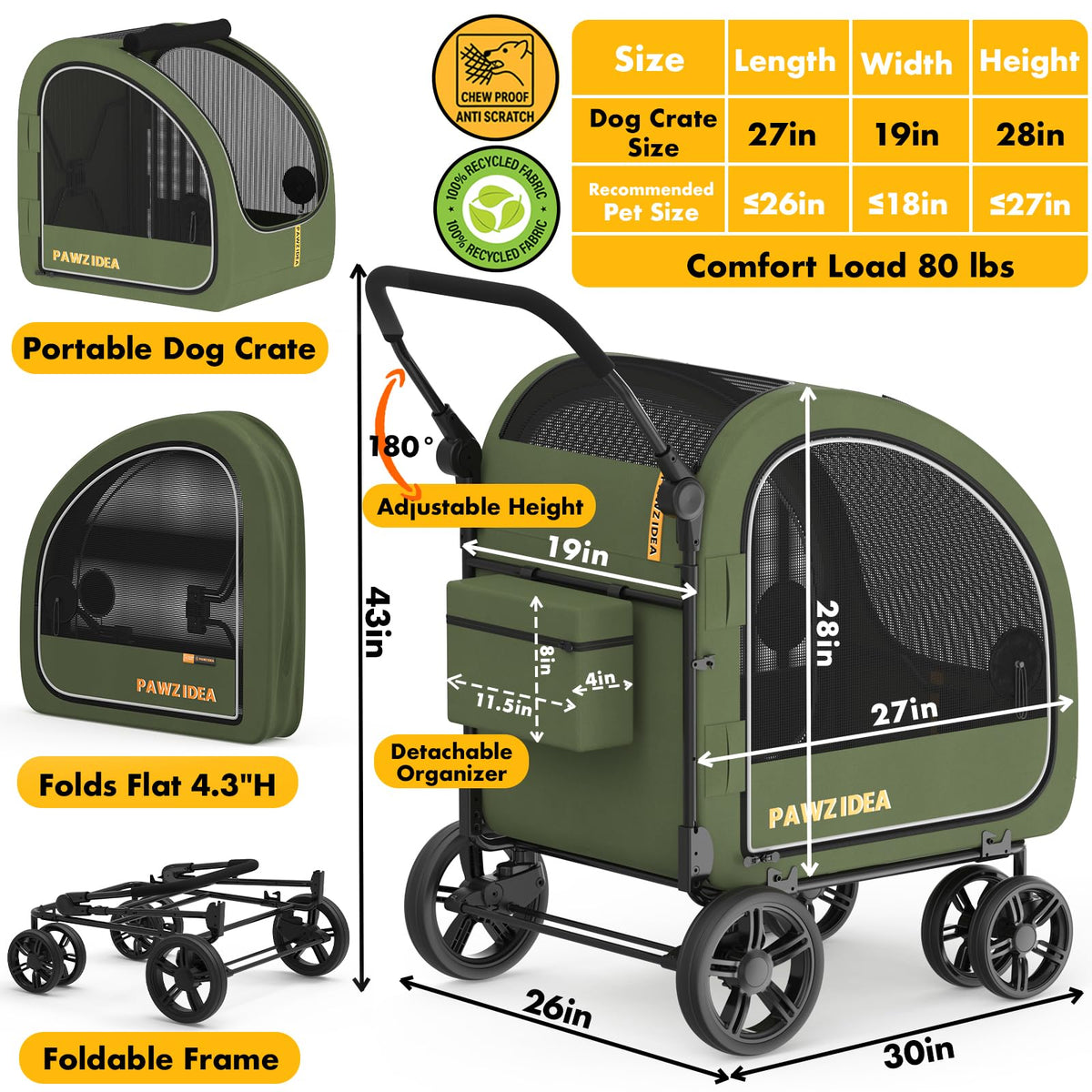 3-in-1 Large Dog Stroller with Detachable Carrier F1069