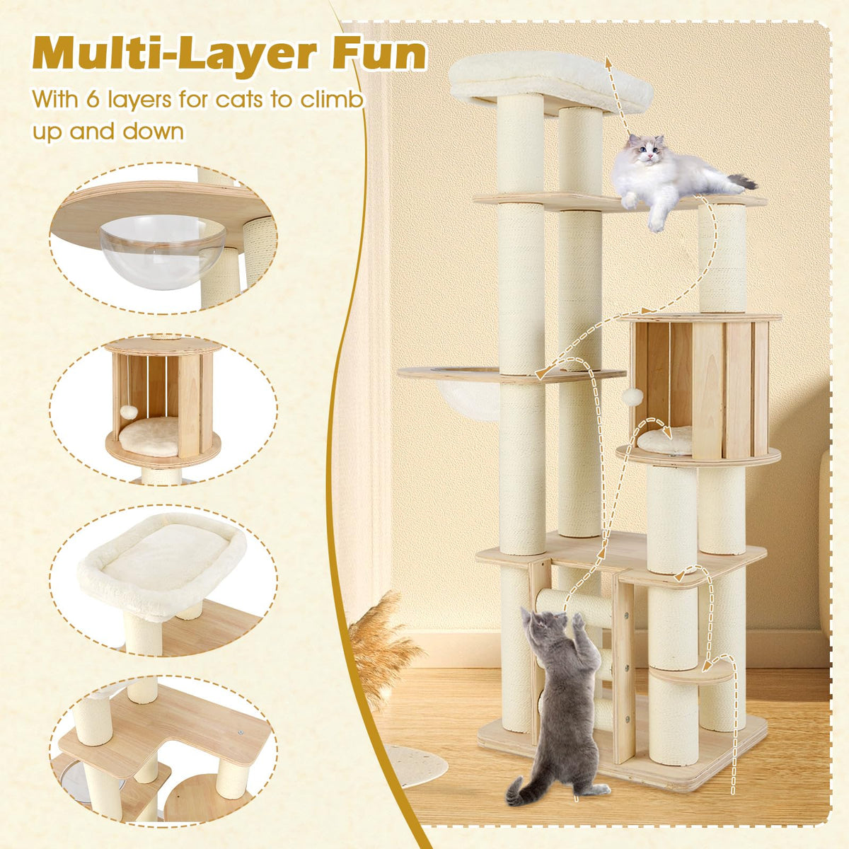 71” Tall Multi-Layer Wood Cat Tree with Scratching Posts X823678