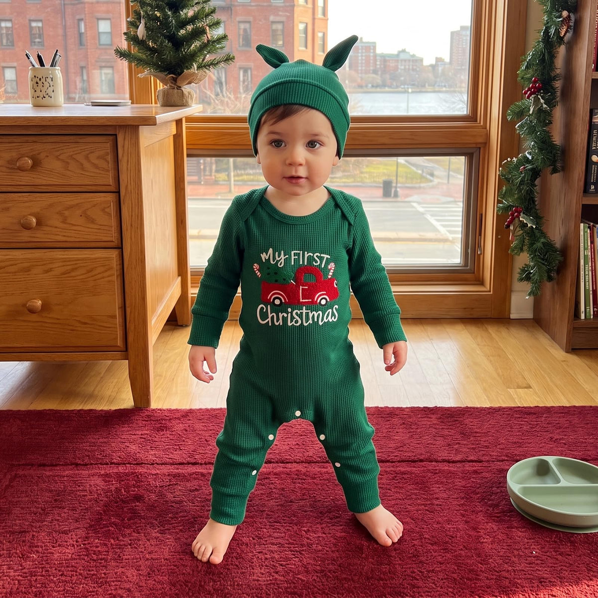 Christmas Baby Boy Waffle Romper Jumpsuit Hat S13944