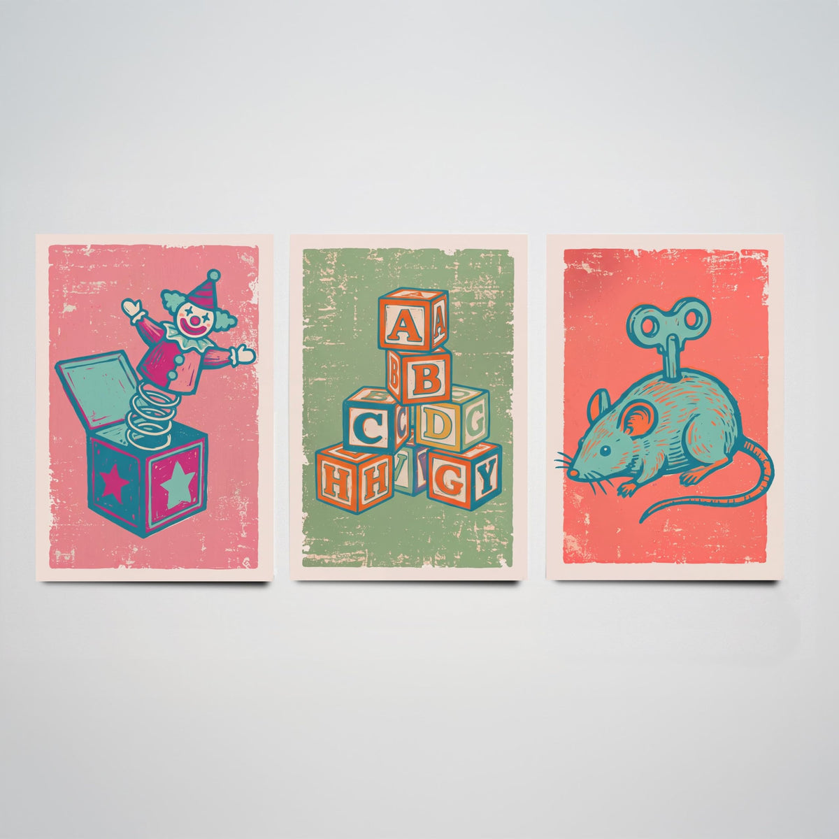 Art Prints Set of 3 Retro Linocut Style Y152