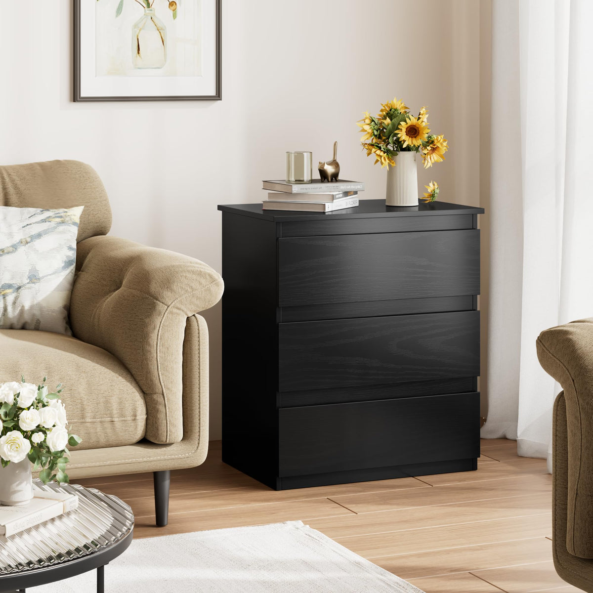 Black 3 Drawer Nightstand U980