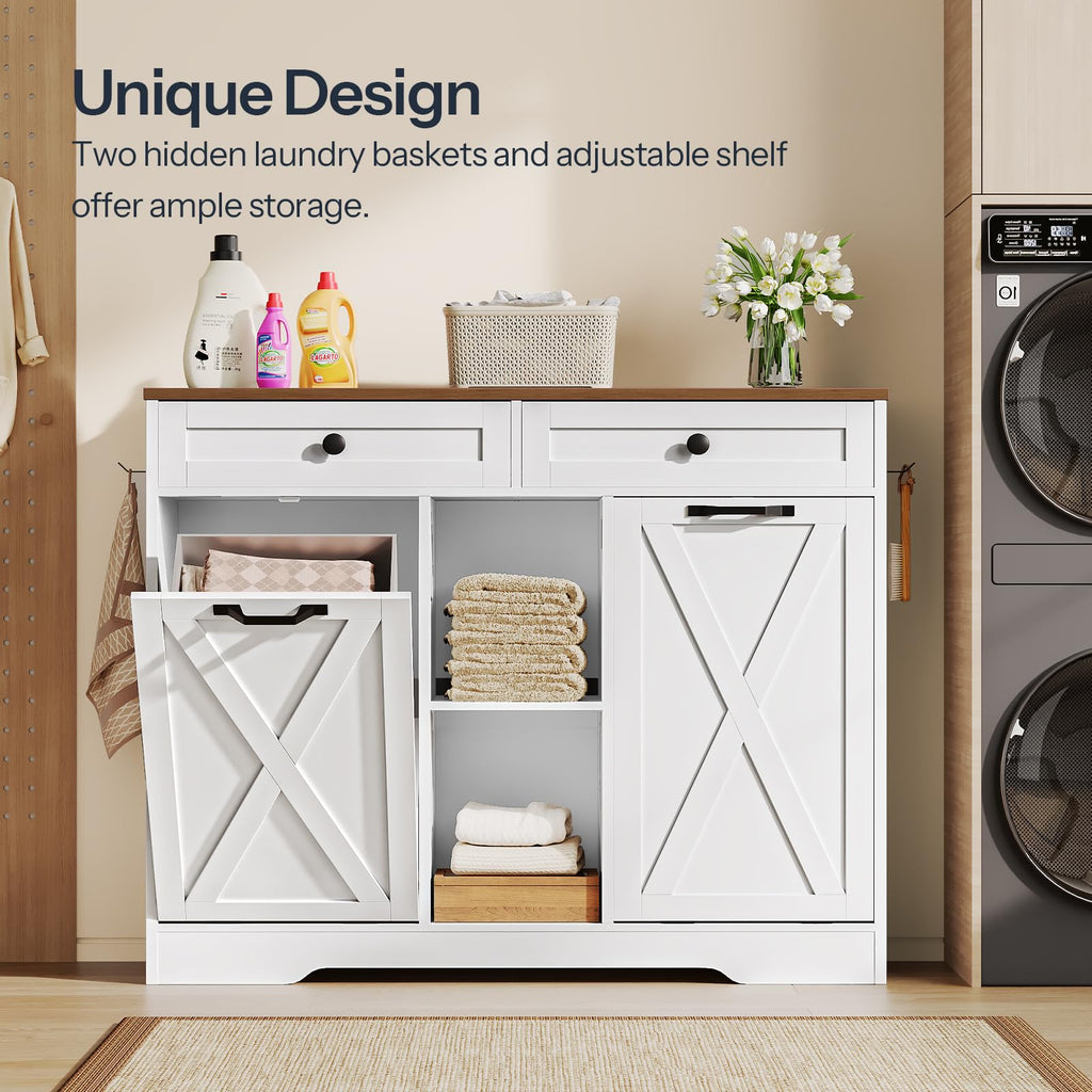 White and Walnut 23 Gallon Laundry Hamper Cabinet with 2 Drawers A337
