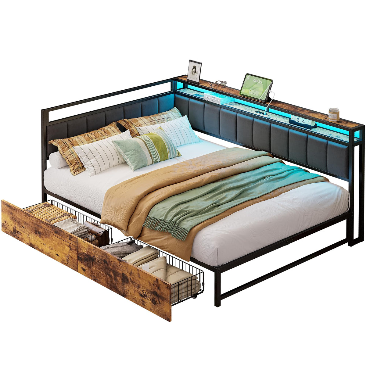 Full Corner Bed Frame with Storage Drawers, LED, Charging, Black L318010