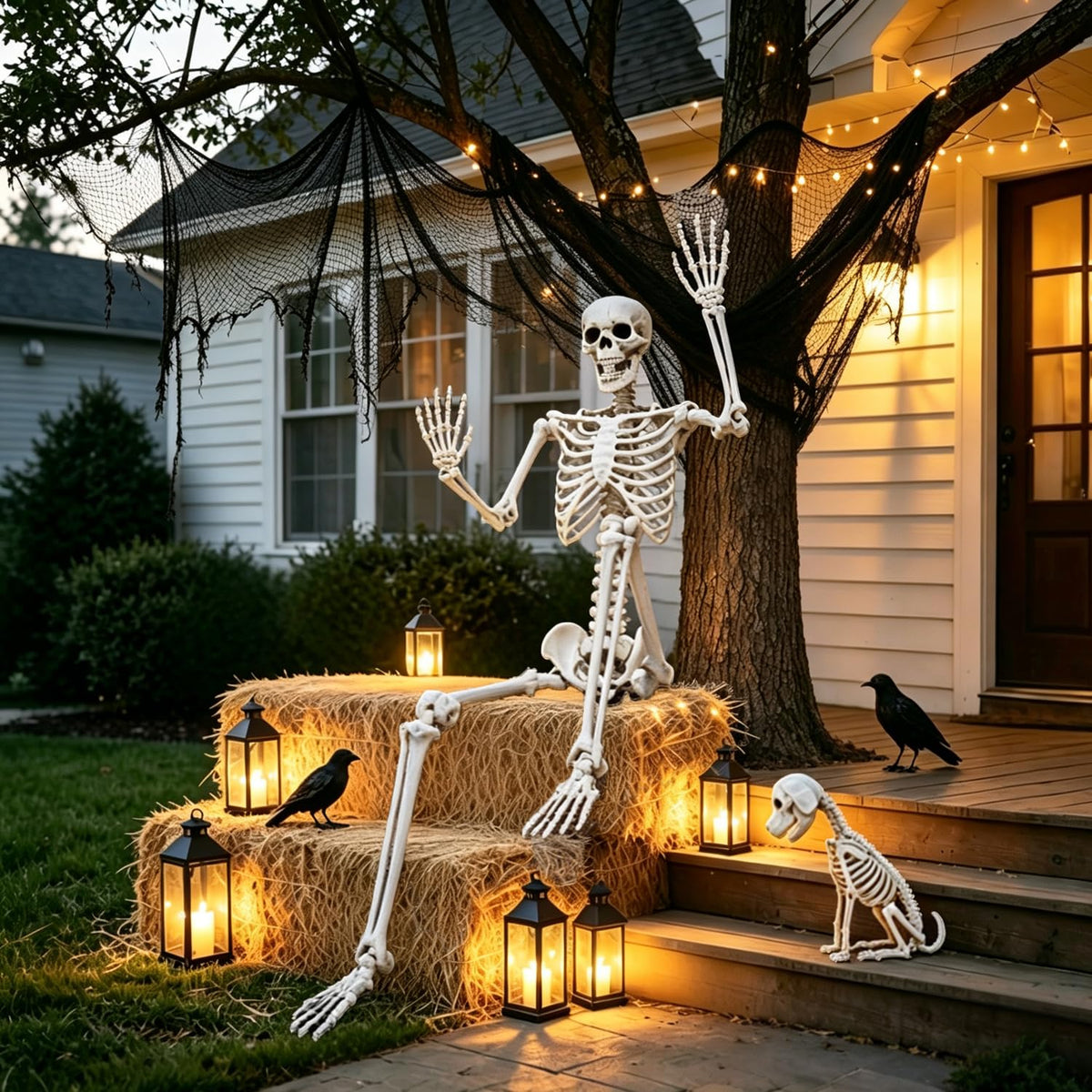 Life Size Posable Skeleton with Dog & Creepy Cloth S3507
