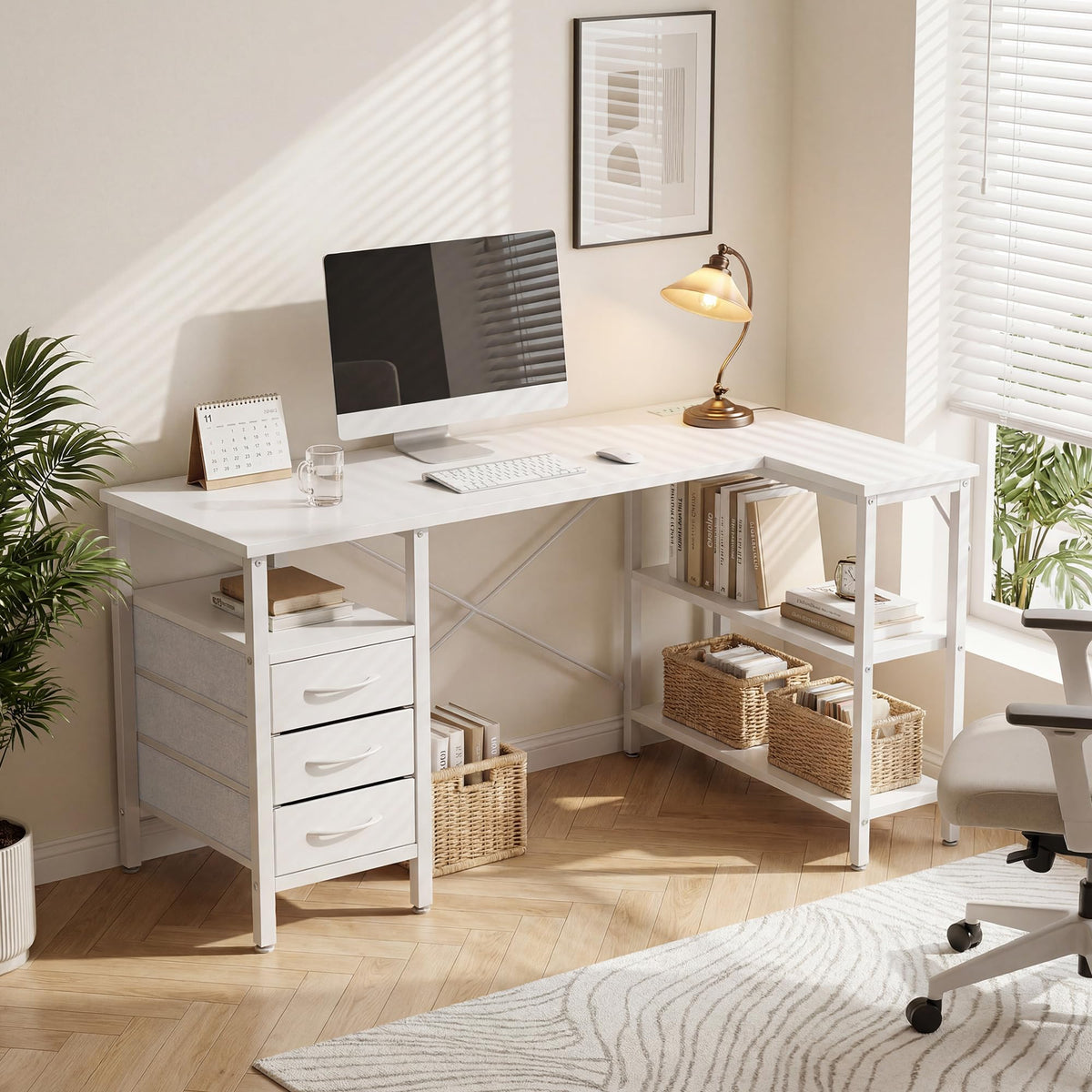 White 47 Inch L Shaped Gaming Desk with 3 Drawers and Shelves P7884