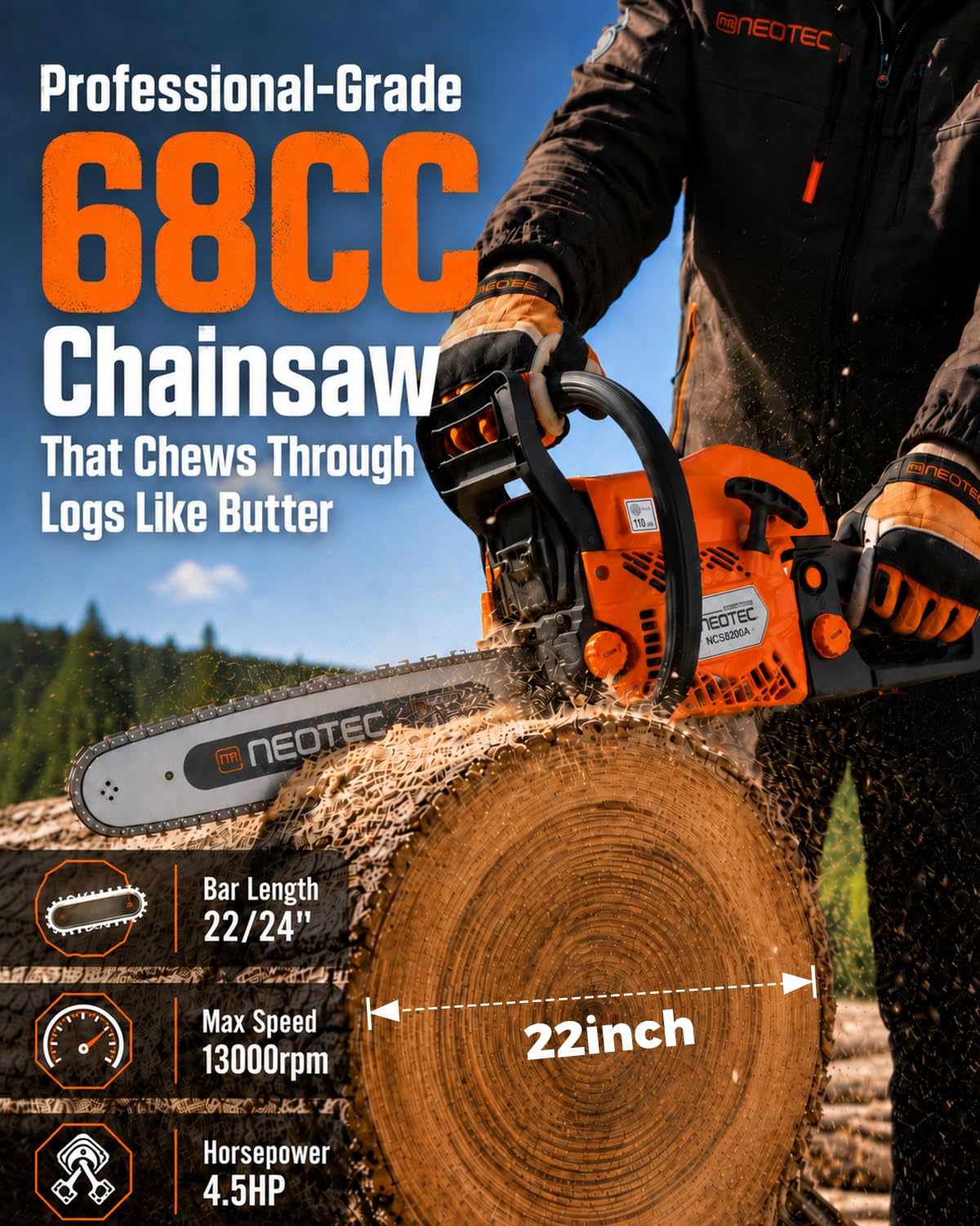 68CC Gas Powered Chainsaw 22 24 Inch Bars 2-Cycle Q402