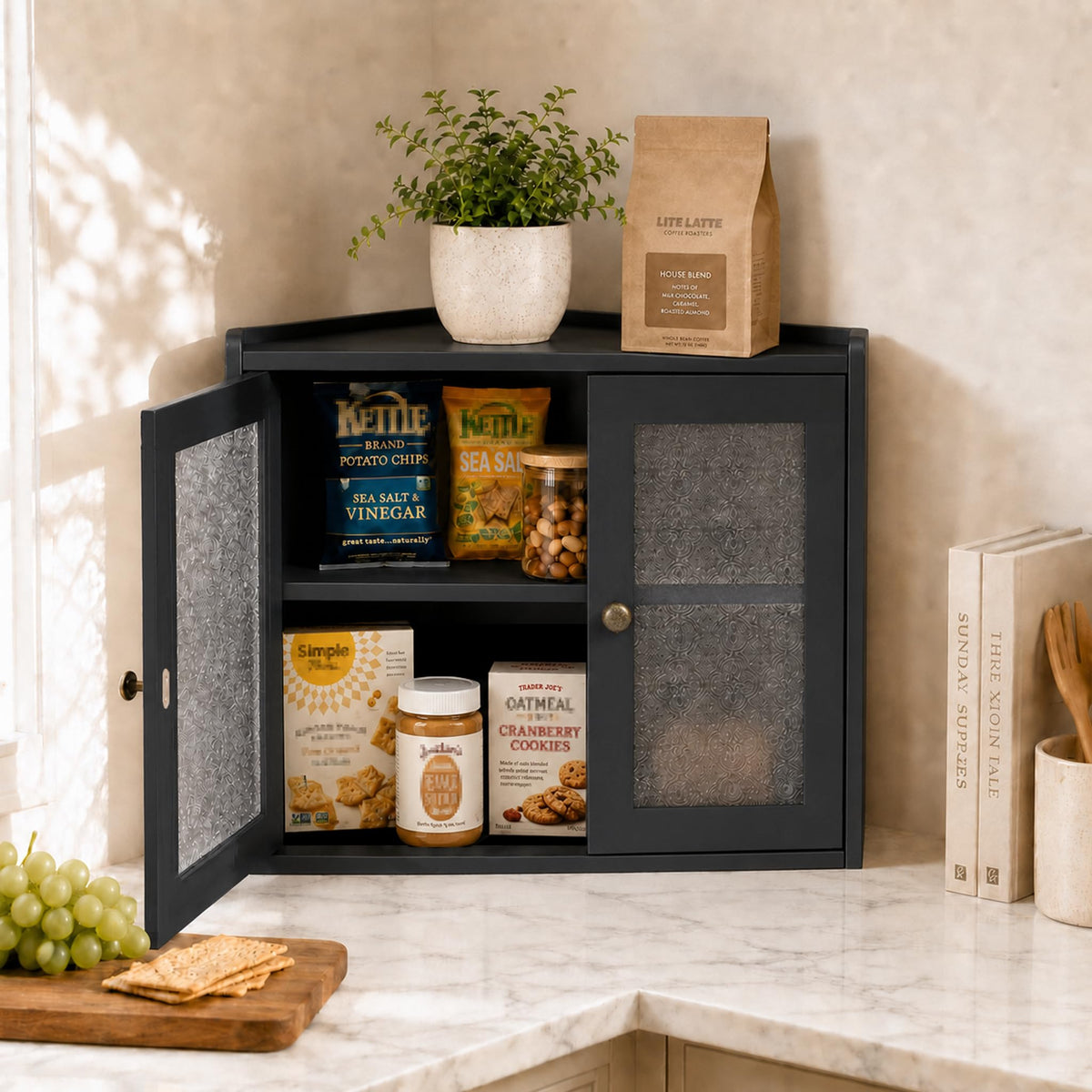 Black 2-Tier Wooden Corner Bread Box S78929