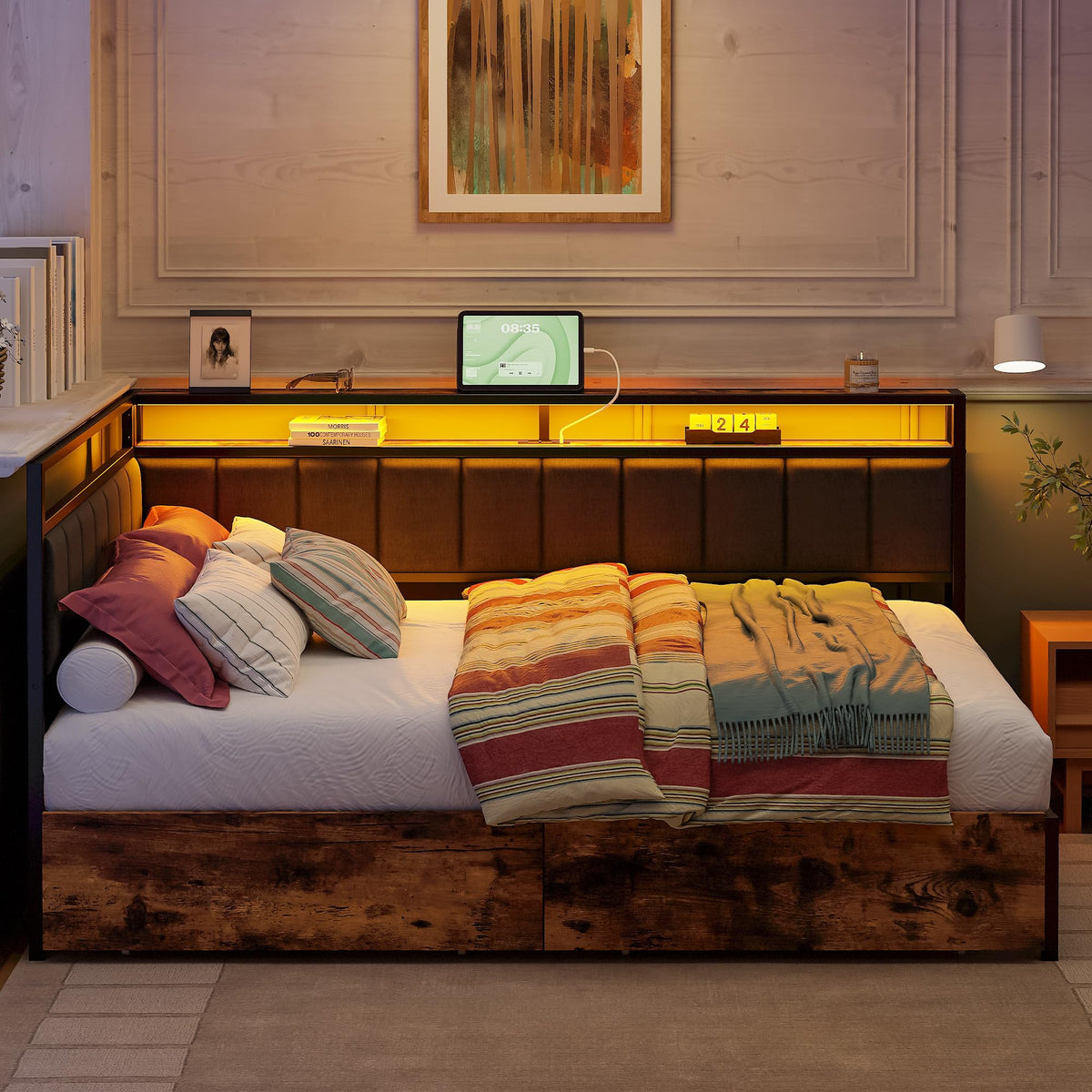 Full Corner Bed Frame with Storage Drawers, LED, Charging, Black L318010