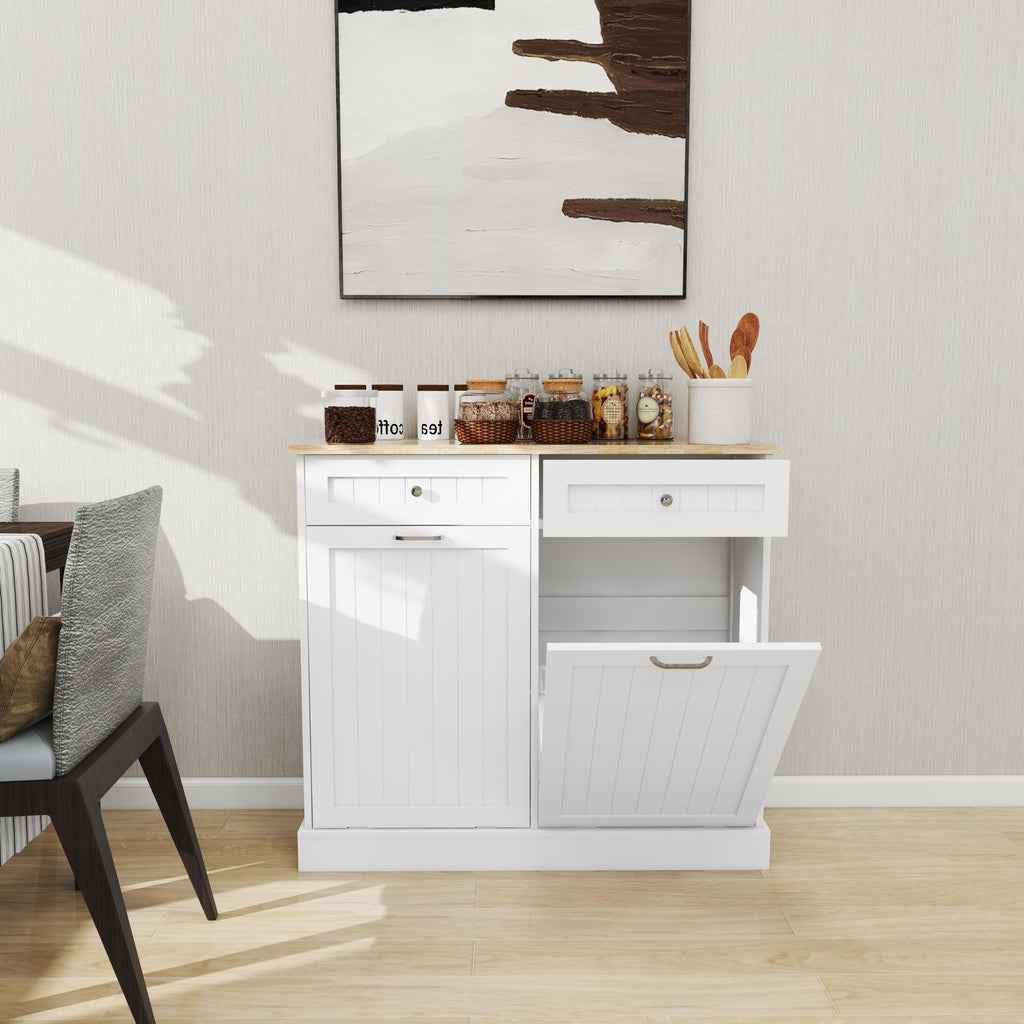 White 20 Gallon Wooden Tilt Out Trash and Recycling Cabinet T192