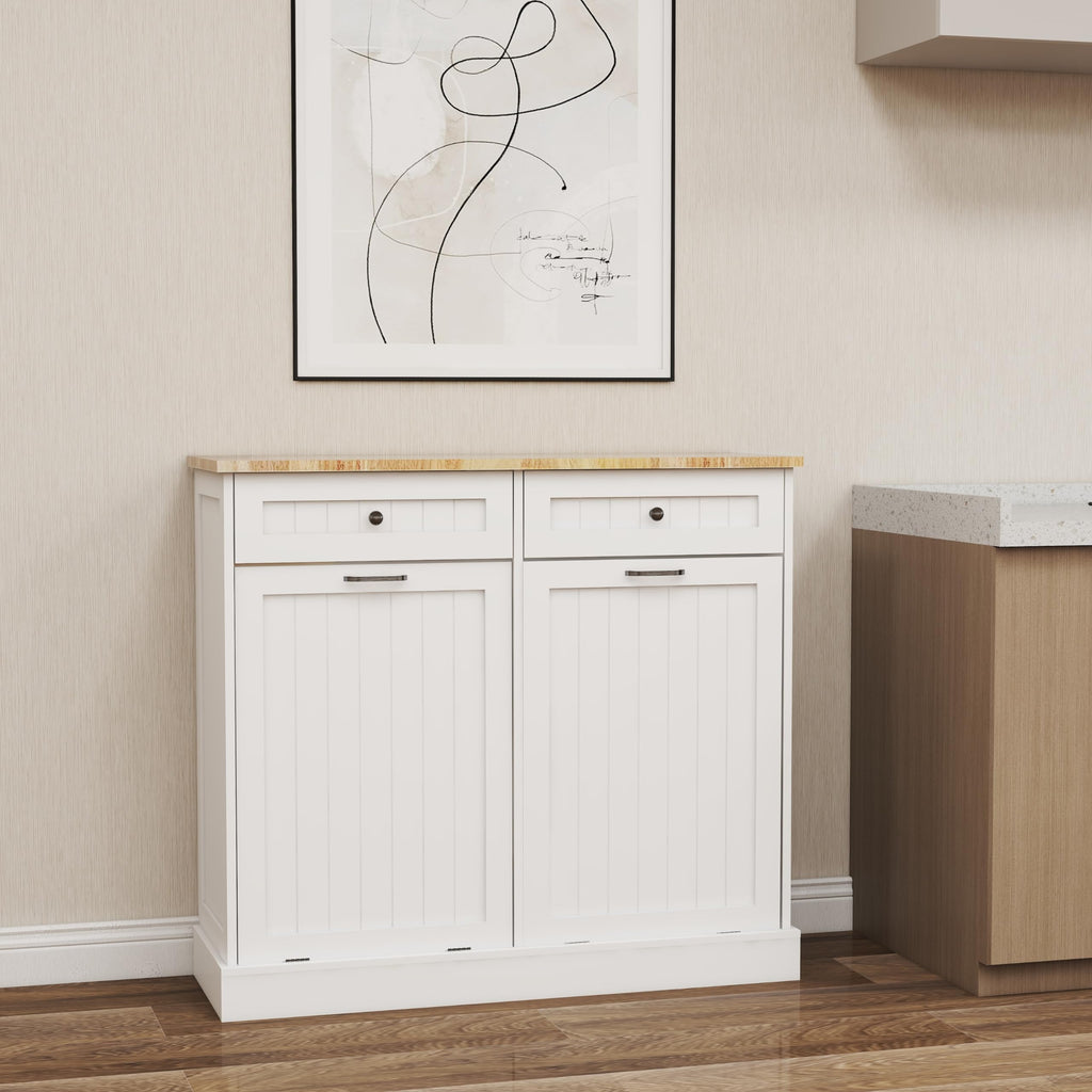 White 20 Gallon Wooden Tilt Out Trash and Recycling Cabinet T192