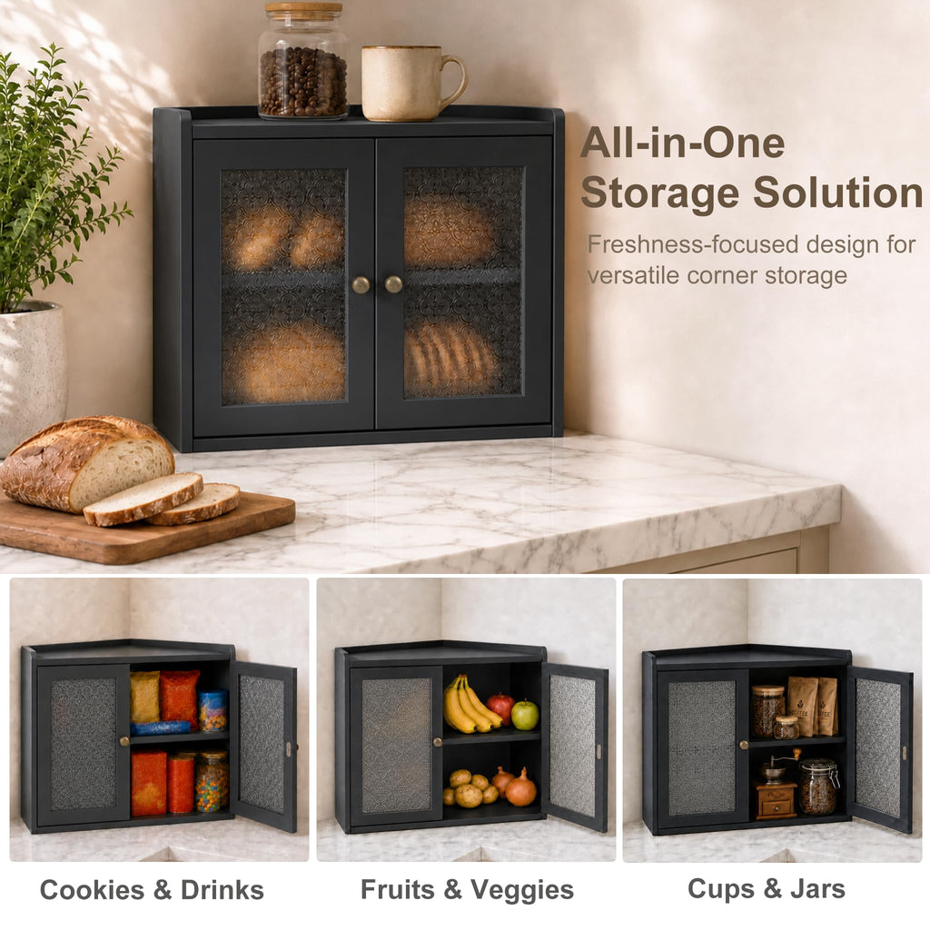 Black 2-Tier Wooden Corner Bread Box S78929