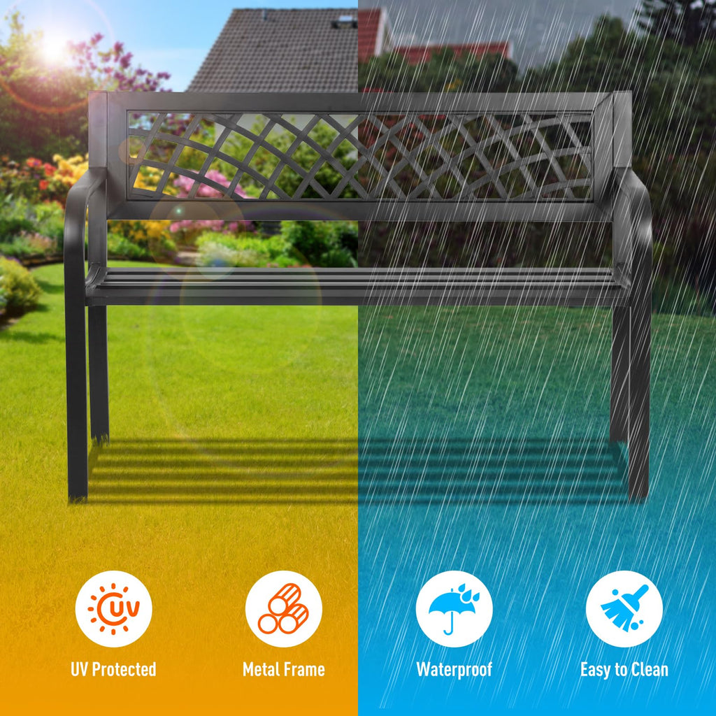 Black Iron Steel Outdoor Bench with Backrest and Armrests X776491