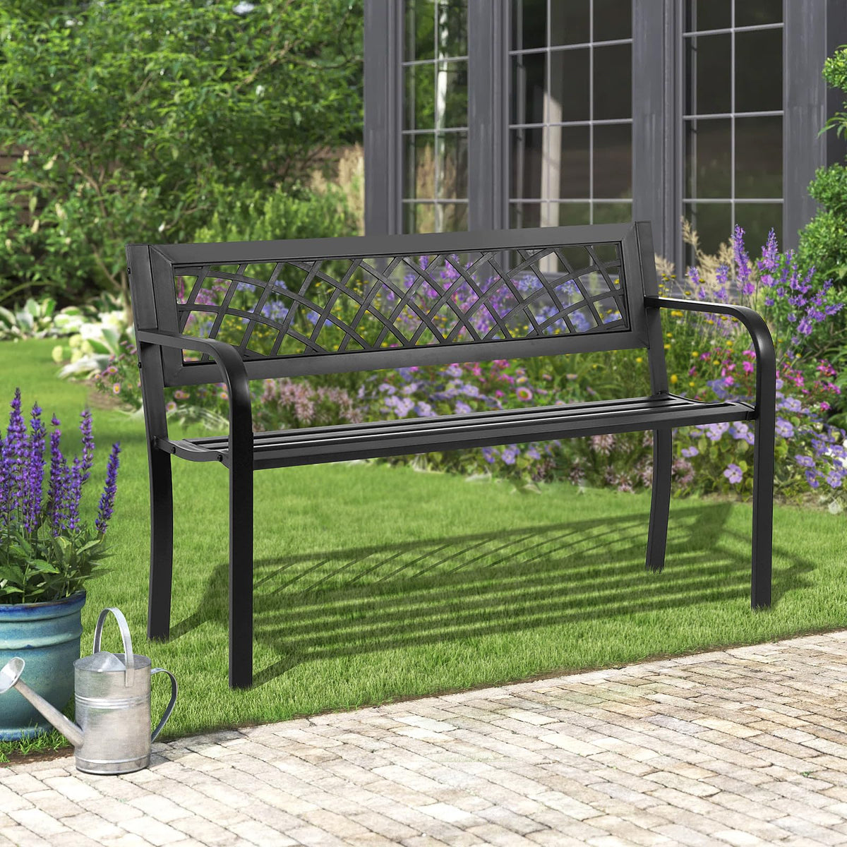 Black Iron Steel Outdoor Bench with Backrest and Armrests X776491