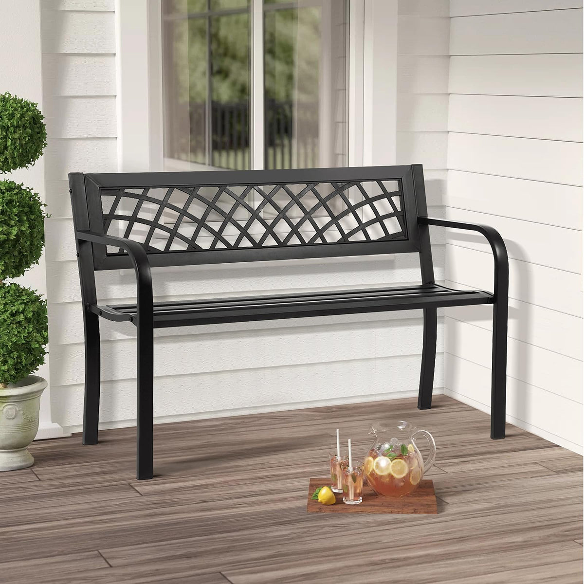 Black Iron Steel Outdoor Bench with Backrest and Armrests X776491