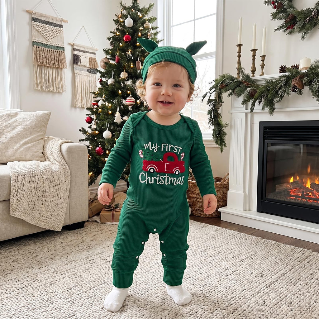 Christmas Baby Boy Waffle Romper Jumpsuit Hat S13944
