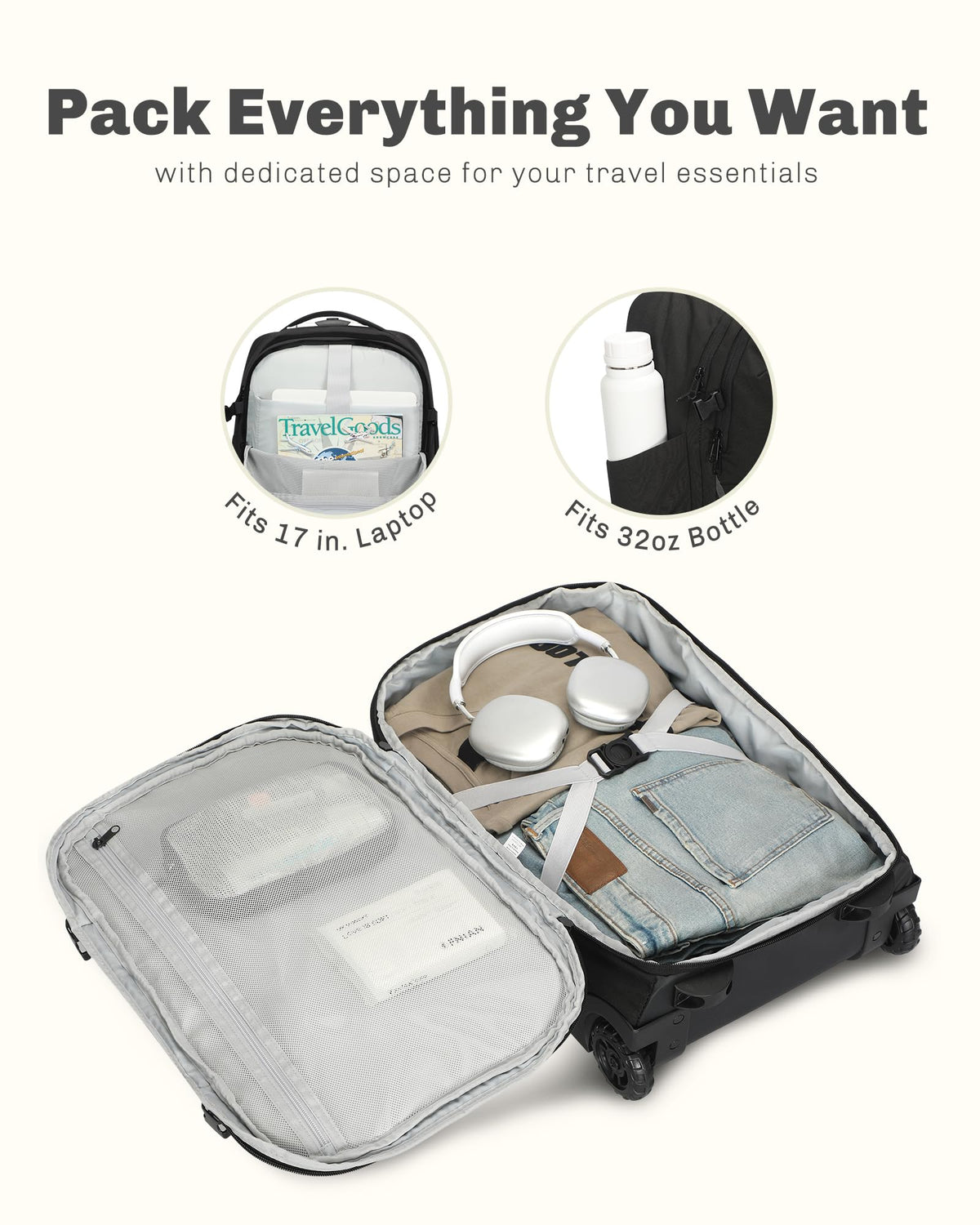 Rolling Backpack with Wheels 43L with Waist Pack Black Q76080