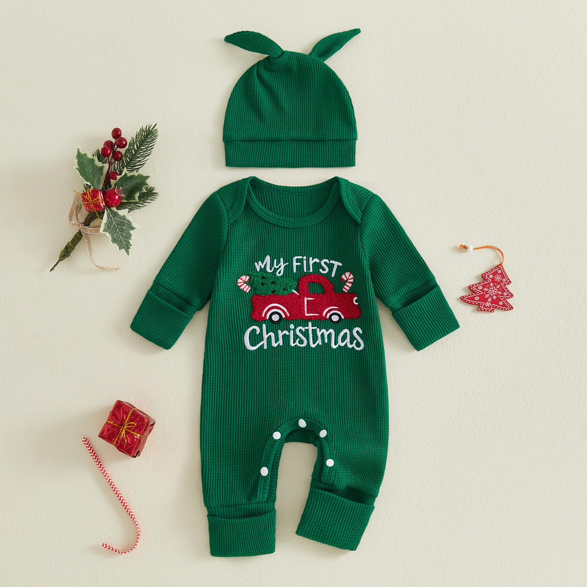 Christmas Baby Boy Waffle Romper Jumpsuit Hat S13944