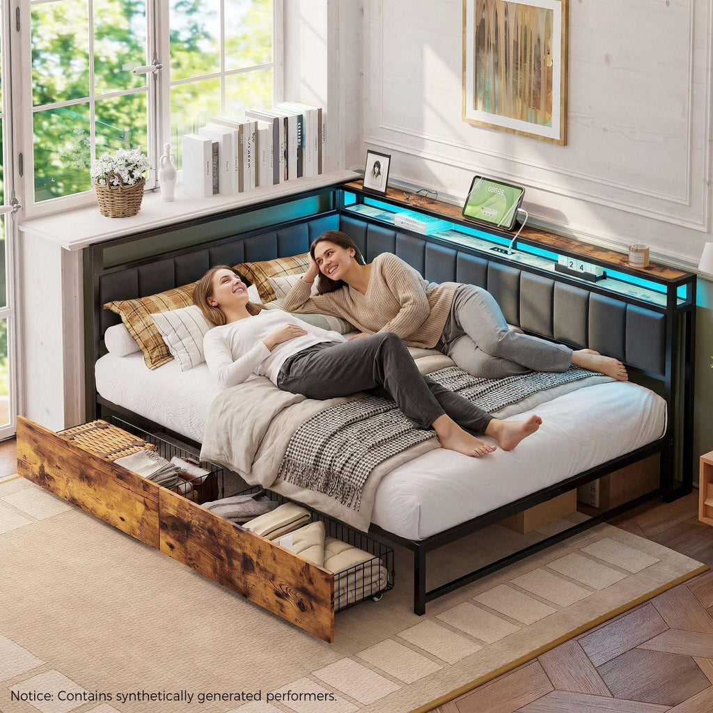 Full Corner Bed Frame with Storage Drawers, LED, Charging, Black L318010