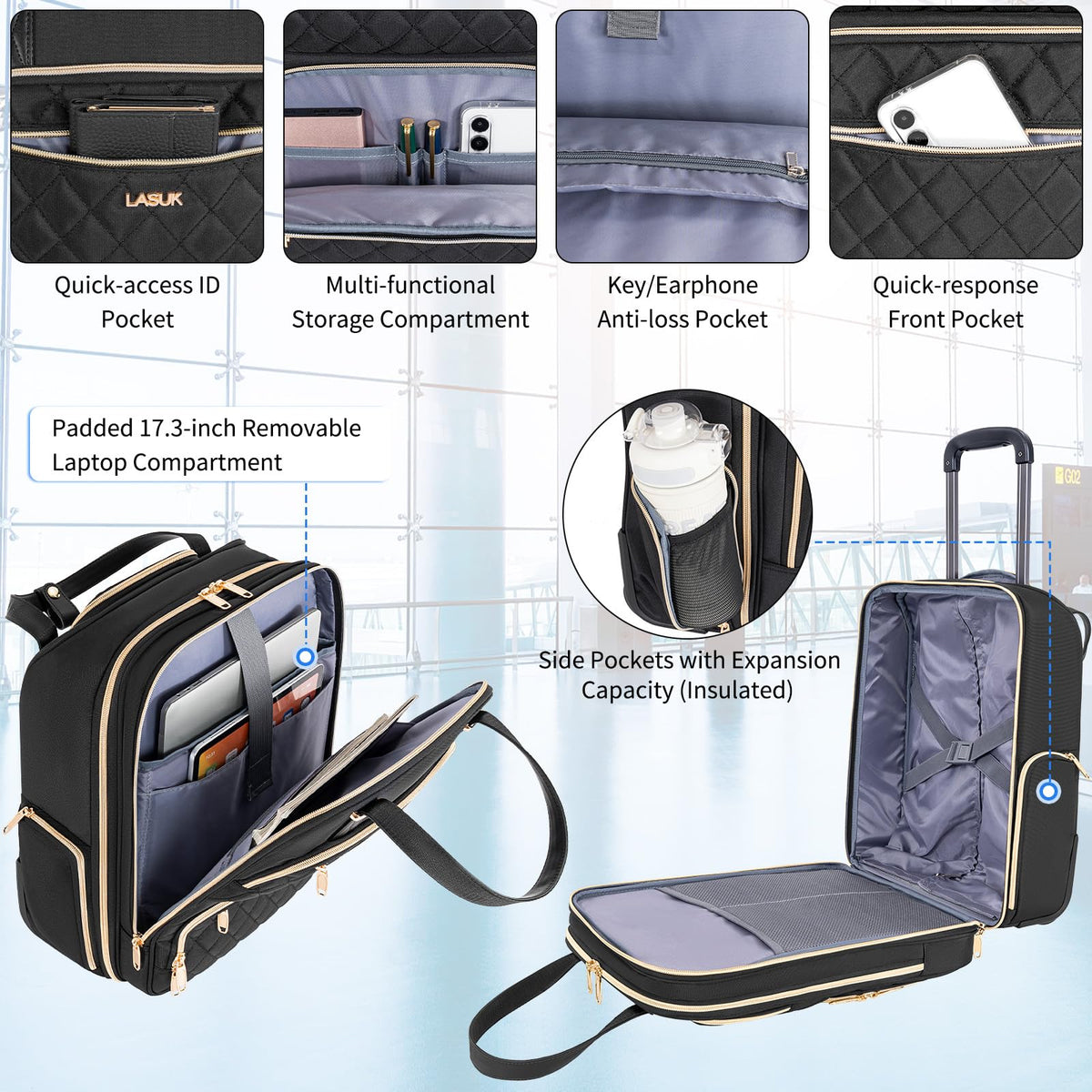 Underseat Carry On Luggage with Wheels, Black, 17" Q678924