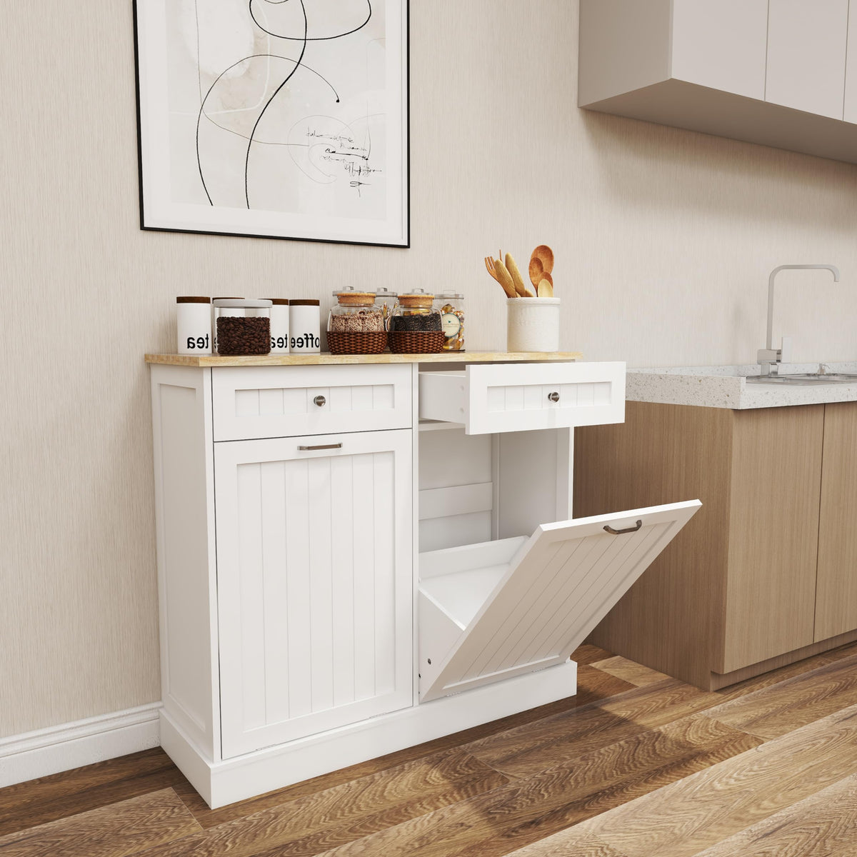 White 20 Gallon Wooden Tilt Out Trash and Recycling Cabinet T192