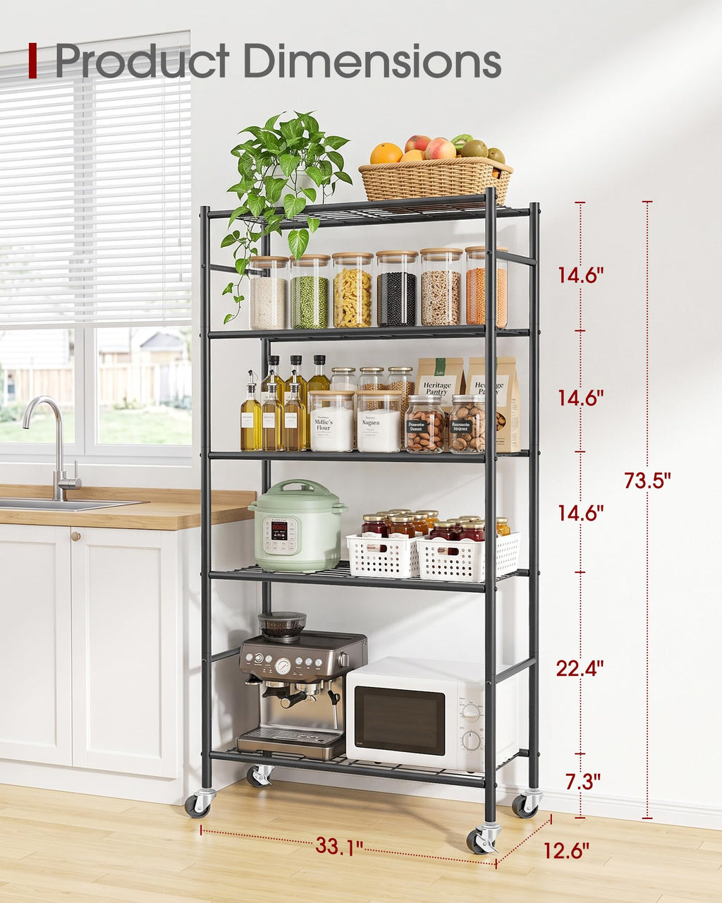 5-Tier Storage Shelves Black with Wheels X46919