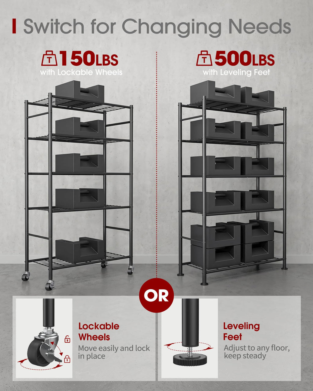 5-Tier Storage Shelves Black with Wheels X46919